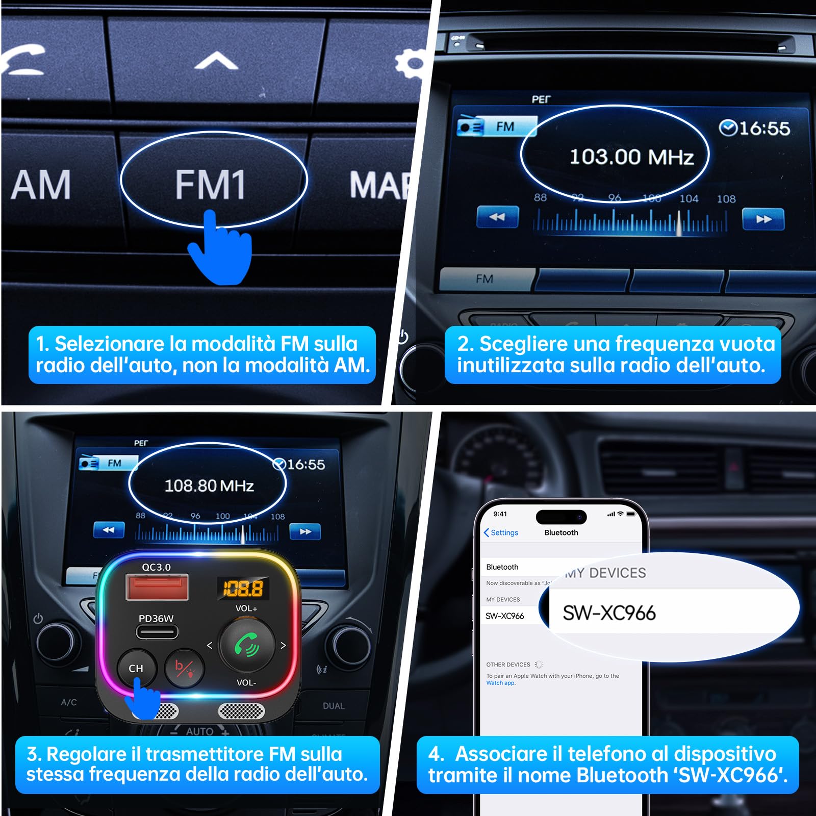 Syncwire Trasmettitore FM Bluetooth 5.4 54W PD&QC3.0 Caricatore per Auto USB C [Ricarica Veloce] [Microfoni Doppi & Suono dei Bassi HiFi] [Interruttore Luminoso] Ricevitore Radio Chiamate in Vivavoce