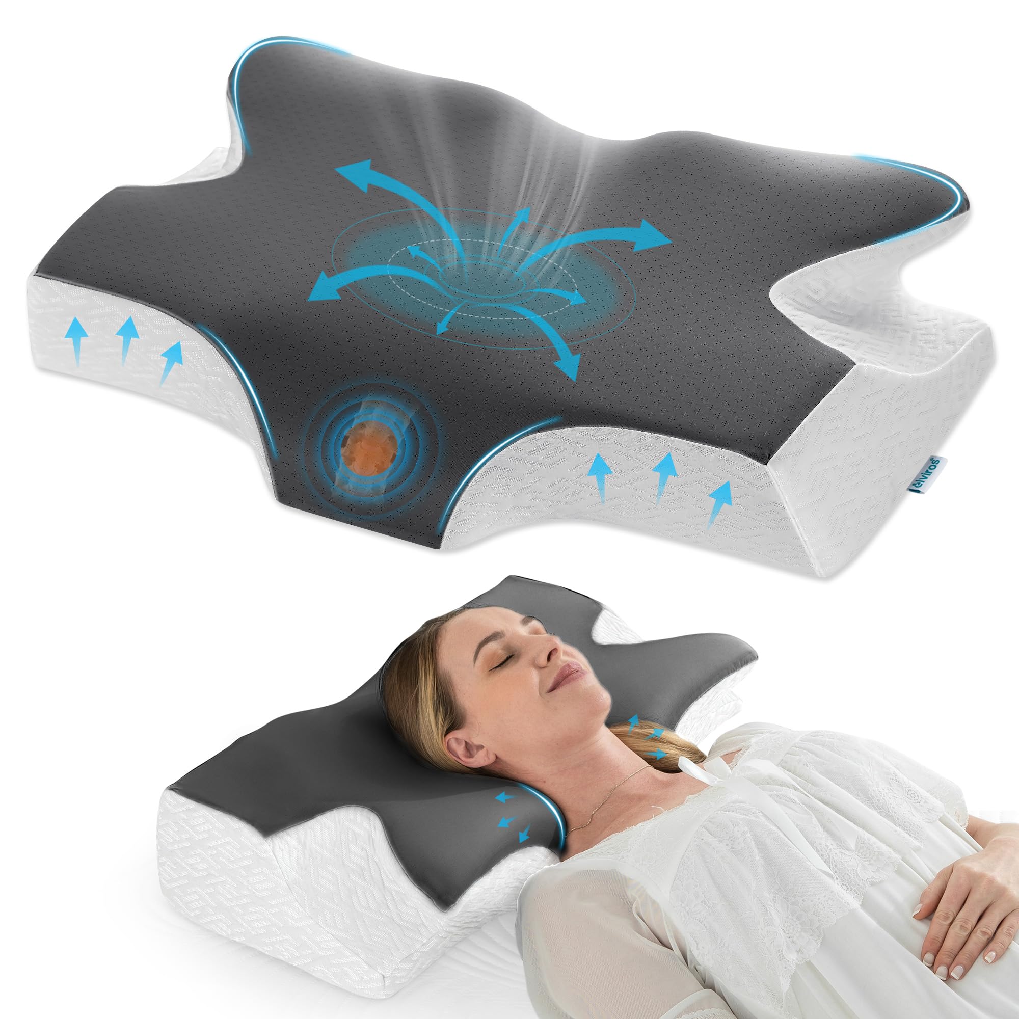 Photo 1 of Elviros Cervical Neck Pillow for Sleeping, Memory Foam Pillow for Neck Pain Relief, Side Sleeper Cooling Pillows for Adults, Neck Support with Removable Pillowcase for Back & Stomach Sleepers