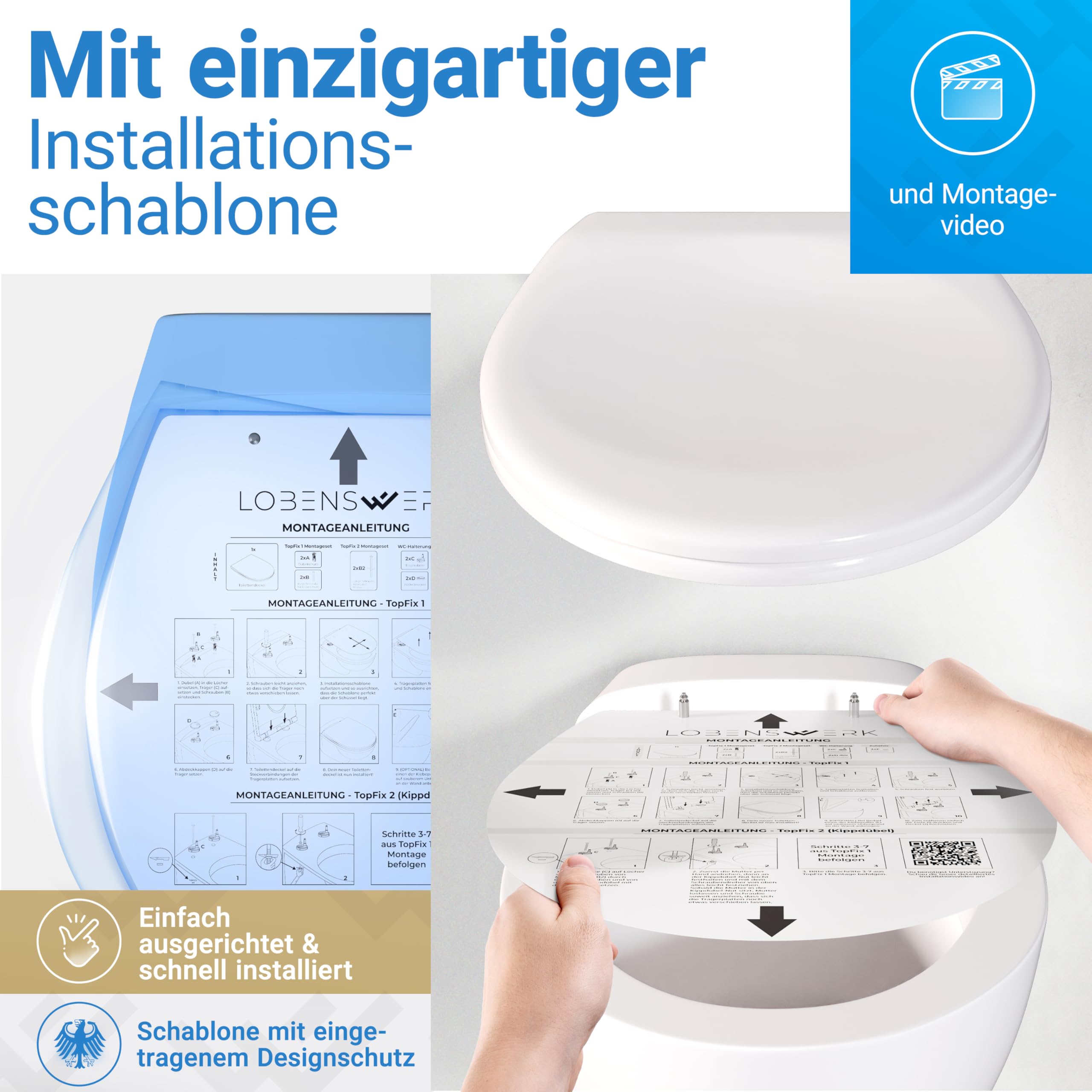 LOBENSWERK Toilettendeckel mit Absenkautomatik [Einfache Montage] antibakteriell & UV-beständig | Quick-Release-Funktion | Klodeckel, Klobrille, WC Sitz inkl. Installationsschablone