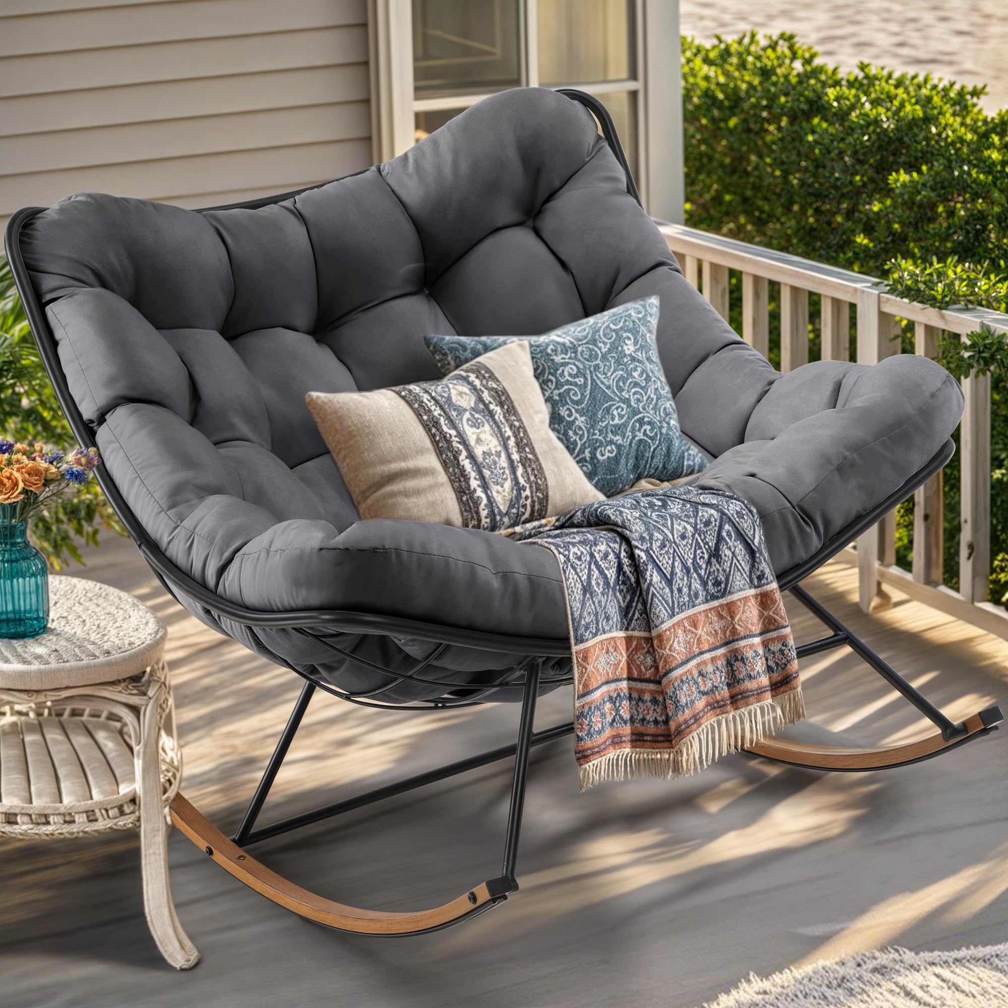 YITAHOME Übergroßer Schaukelstuhl, breite Schaukelliege mit extra dickem Sitzkissen, bequemer Loungesitz für den Innen- und Außenbereich, Wohnzimmer, Terrasse, Garten, Veranda (Grau)