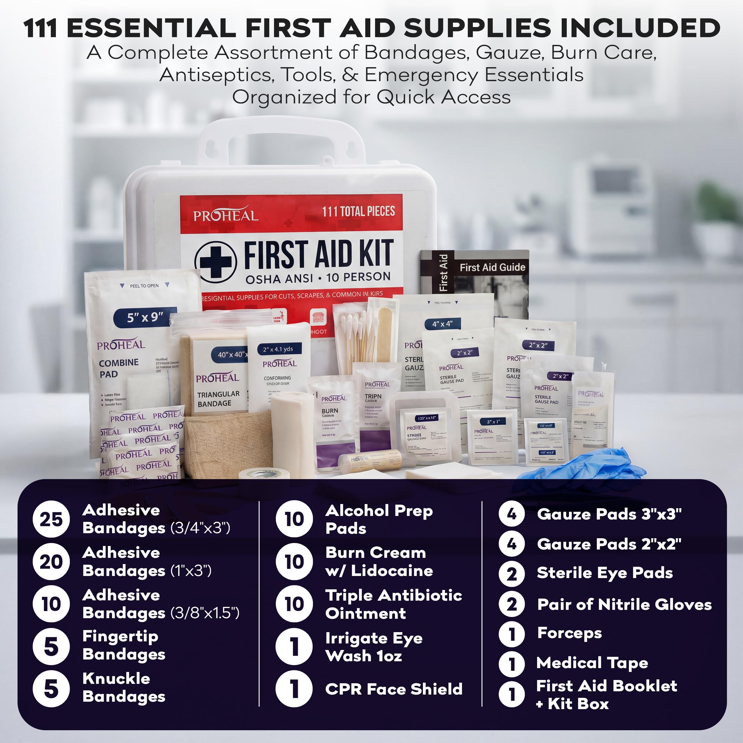 OSHA Compliant First Aid Kit for Car, Home & Business - 10 Person, Type III, ANSI Class A, 111 Pieces Emergency Kit for Office, Truck & Construction Site - Latex Free, Wall Mountable | ProHeal — Amazon image 9