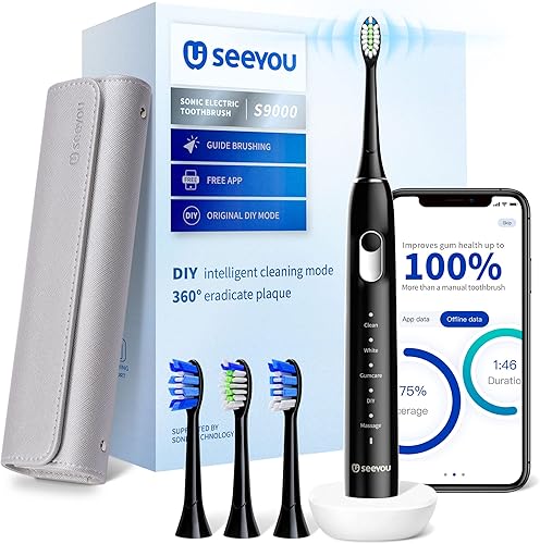 SEEYOU Electric Toothbrush for Adults, Rechargeable Sonic Toothbrush with App and 3 Brush Heads, 5 Modes 4 Mins Smart Timer, 10X Cleaning