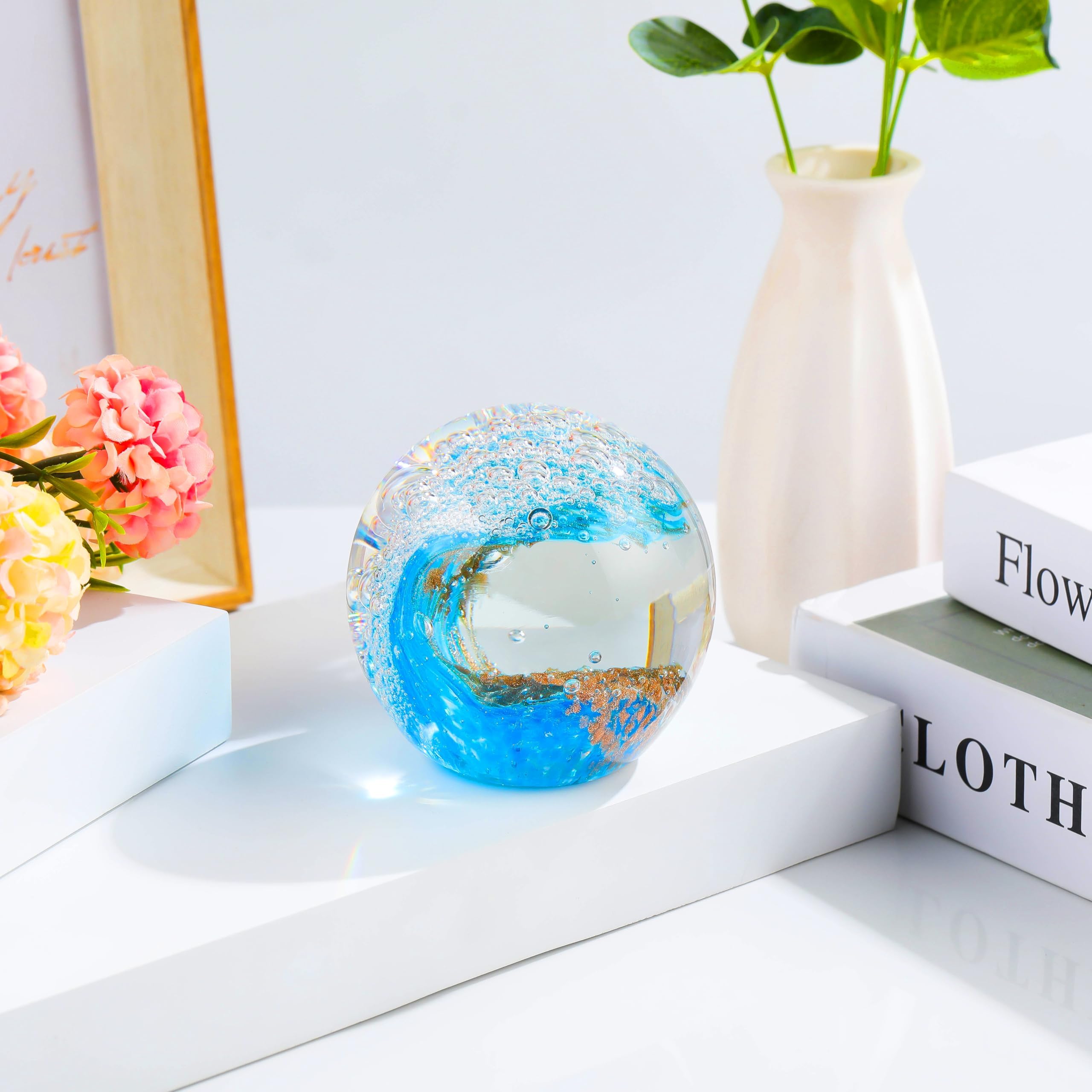 Presse-papier Boule en verre, Figurines en verre soufflé à la main Boule Vagues de l’océan, Décoration de maison, Collection, Décoration d’aquarium, Décoration de bureau pour les amoureux de l’océan