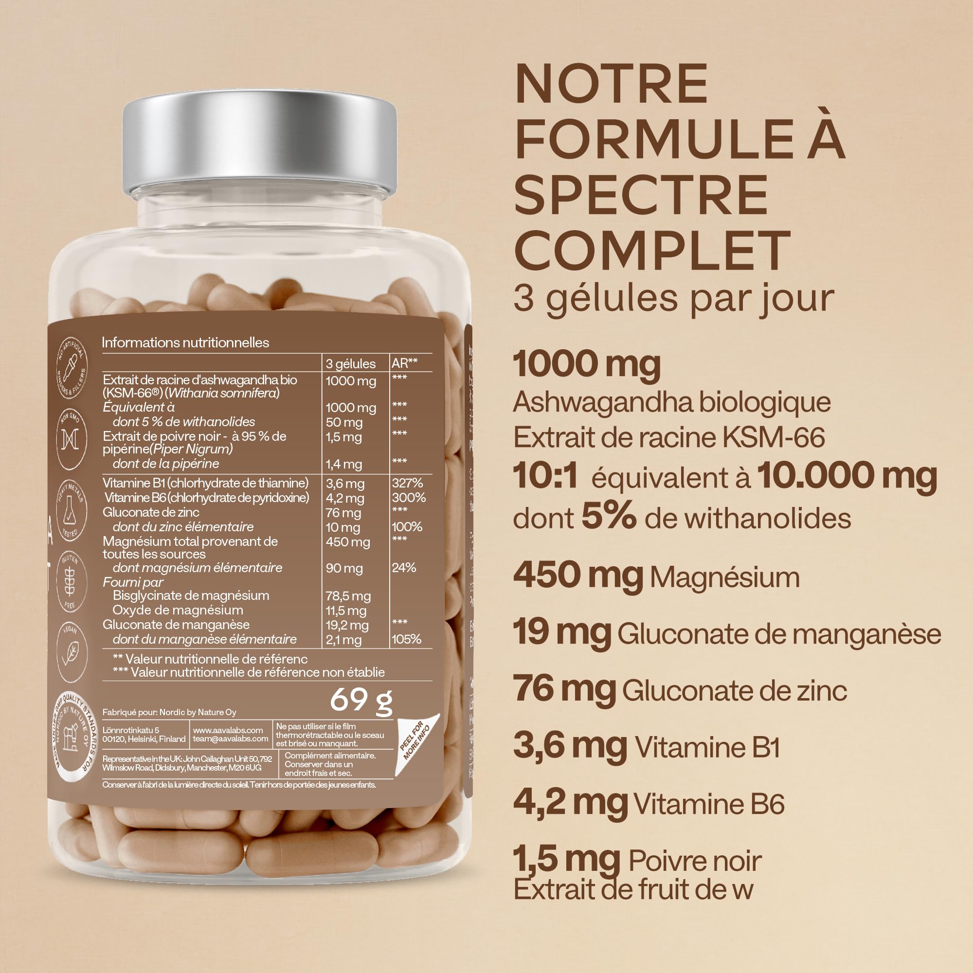 Ashwagandha KSM-66 Bio 10000mg, Vitamine B6, B1, Zinc, Magnesium, Manganese - Extrait de Racine Ashwagandha Bio 10:1, Poivre Noir - Ashwaganda (Ginseng indien) Extra Fort 5% Withanolides - 120 Gélules