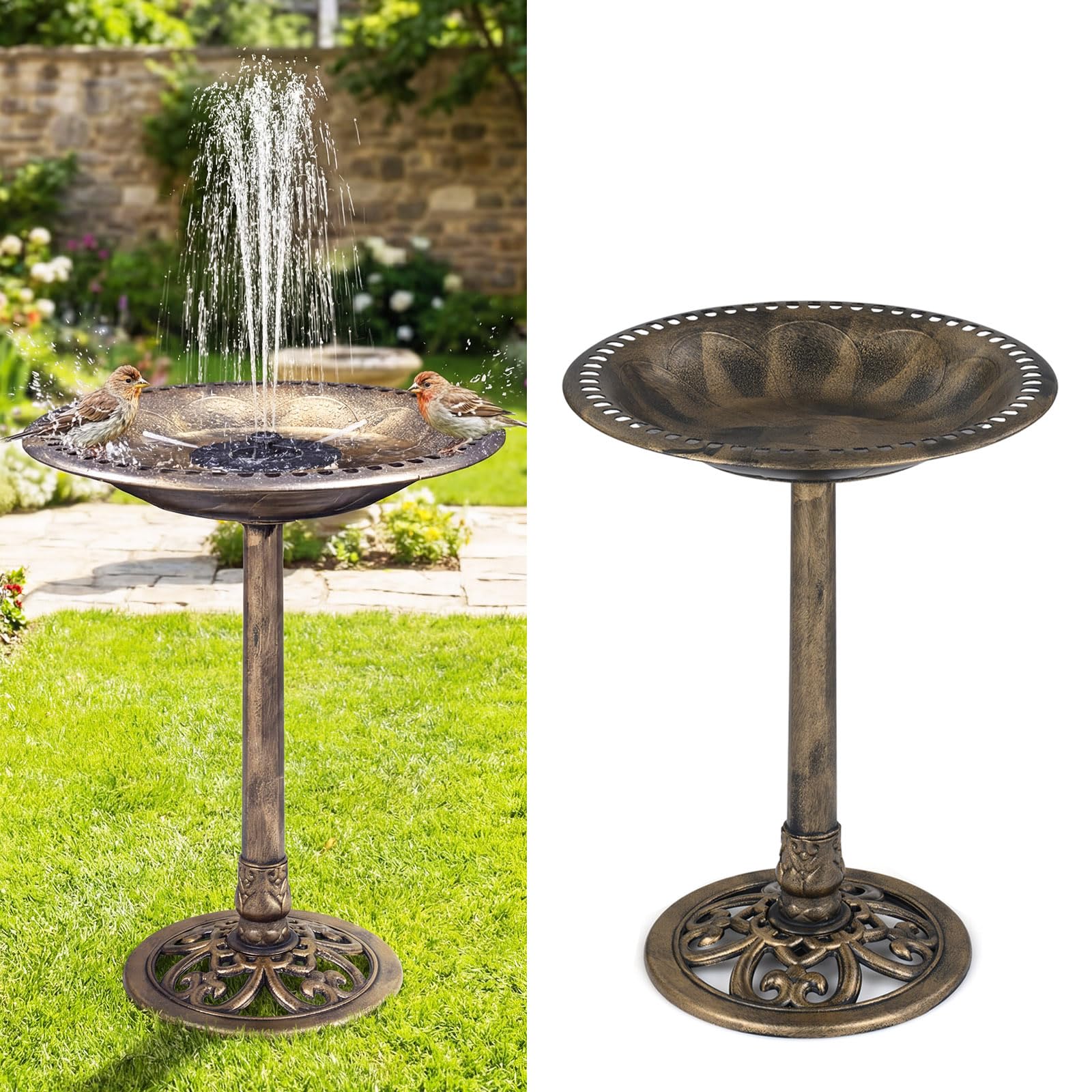 GYMAX Vogeltränke stehend, 2-in-1 Vogelbecken mit Solar-Springbrunnen, Vogelbad Garten mit Blumenkübel & befüllbarem Ständer, Vogelfutterstelle, Futterstation für Balkon & Garten