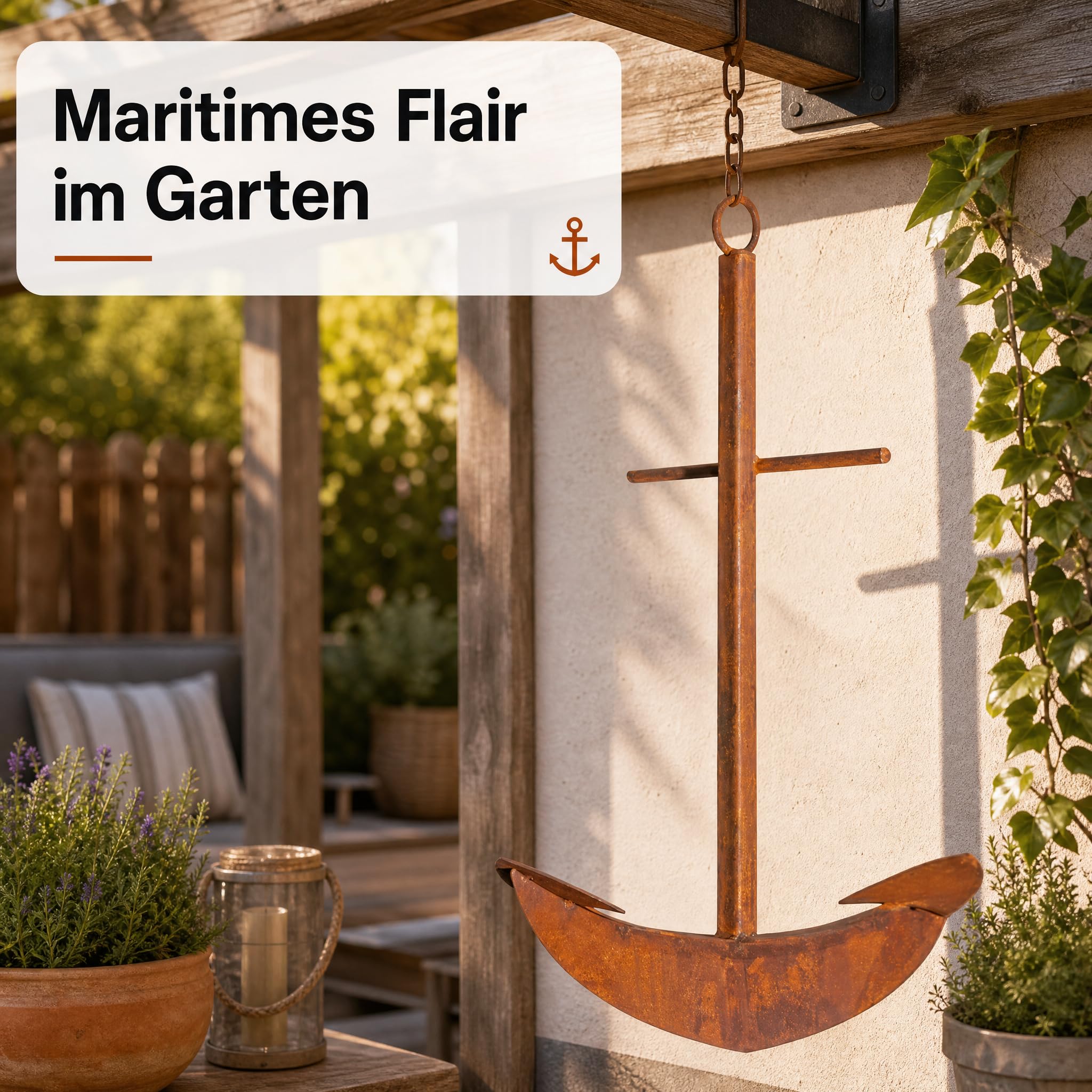 Maritime Deko Anker aus Metall mit Kette, Wanddeko Metall für Innen & Außen, Edelrost-Optik, Rustikales Gartendeko-Highlight zum Aufhängen, 63 x 51 cm, ca. 2 kg