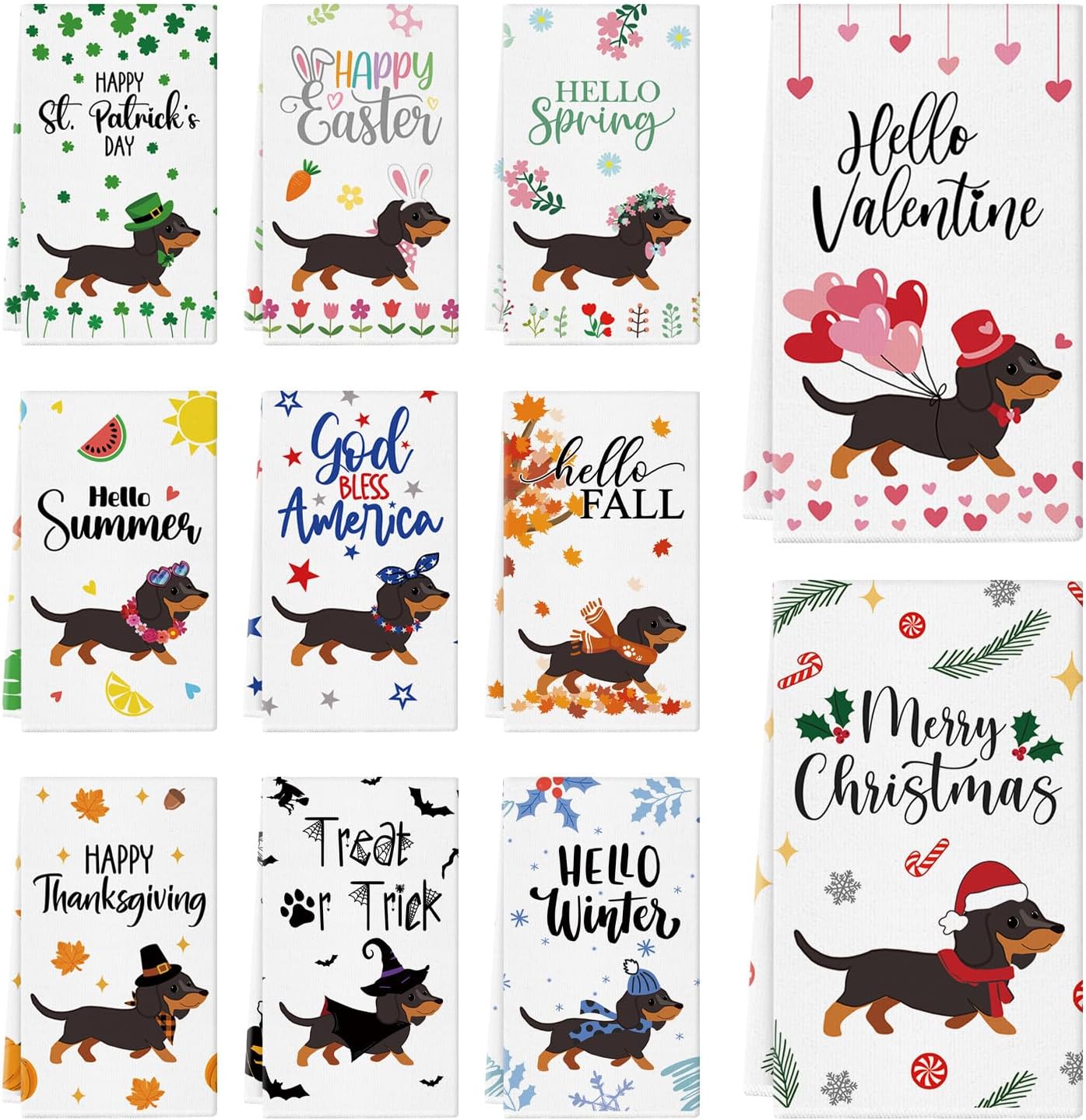 QIONG MENG 11 Pcs Dachshund Kitchen Towels 14x21 Inch Puppy Dog Dish Towels Seasonal Christmas Mother Day Gift Holiday Hand Towels for Home Kitchen Bathroom Decoration