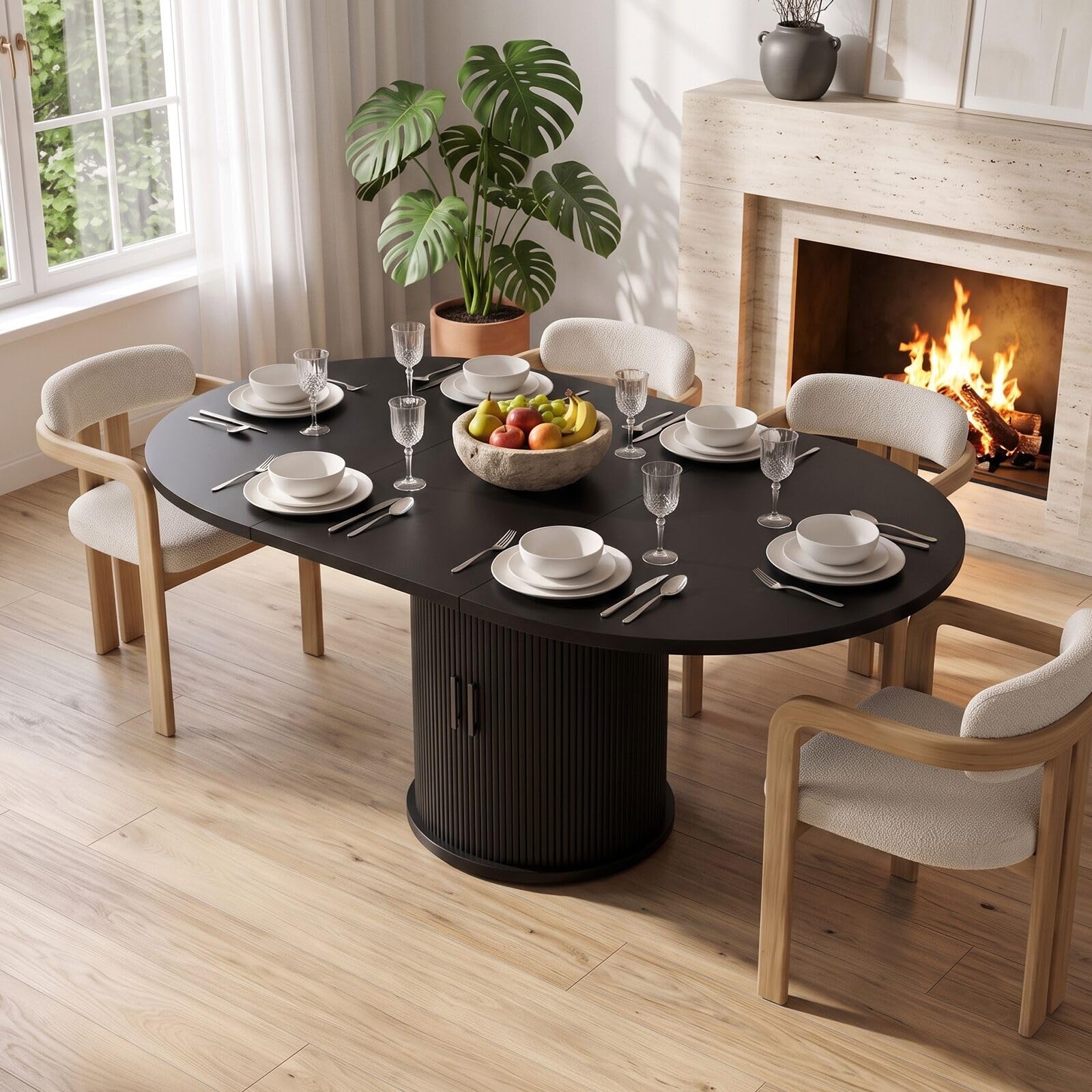 Tavolo da pranzo rotondo allungabile nero per 4-8 persone, 118-158 cm: tavolo da cucina salvaspazio con portabottiglie e base a piedistallo, facile da montare