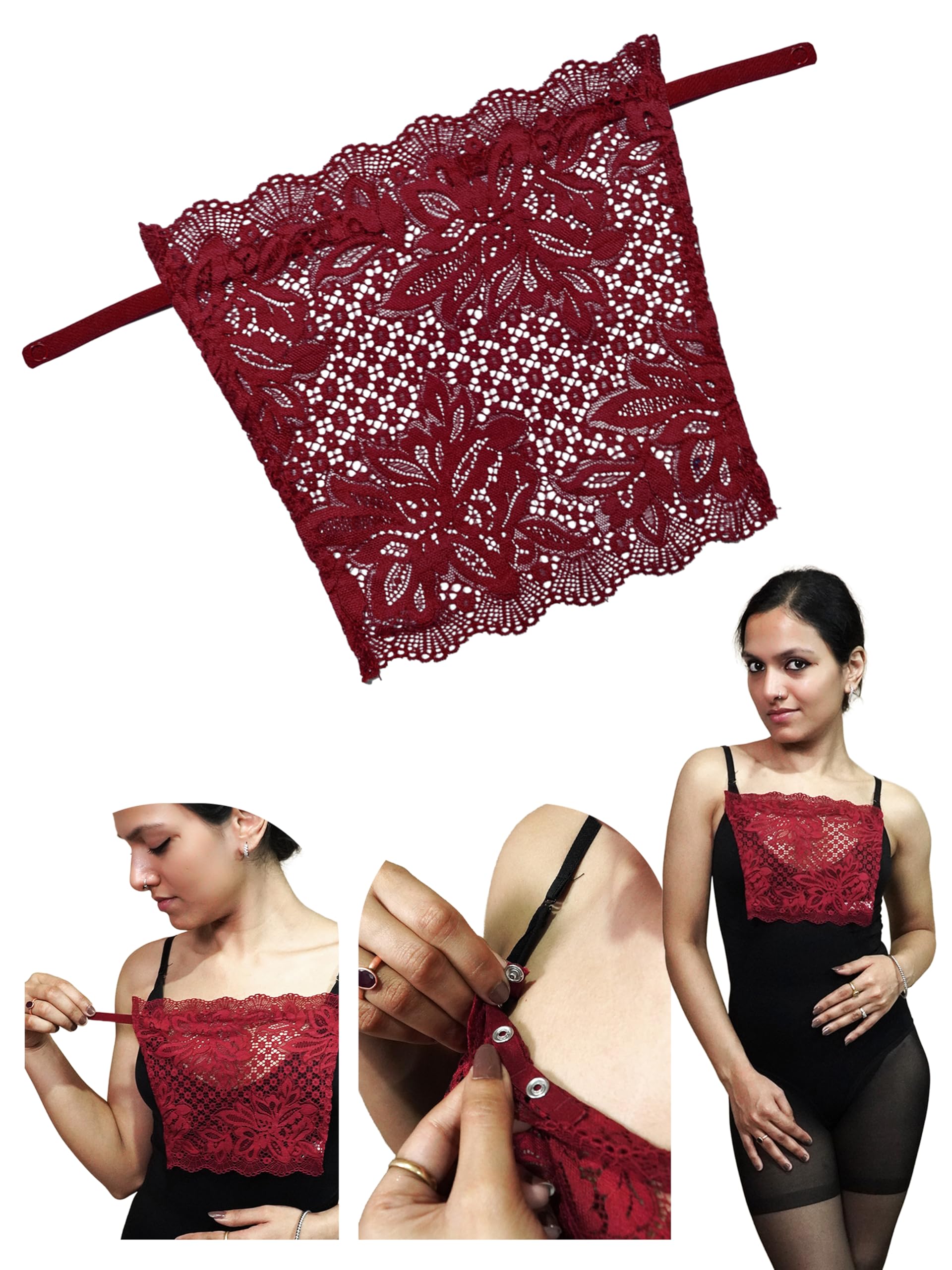 Maroon Lace Cami Insert for Women - Clip On Mock Camisole for Deep Neck Coverage, Elegant Cleavage Hider for Dresses and Tops | Mockers-image-32