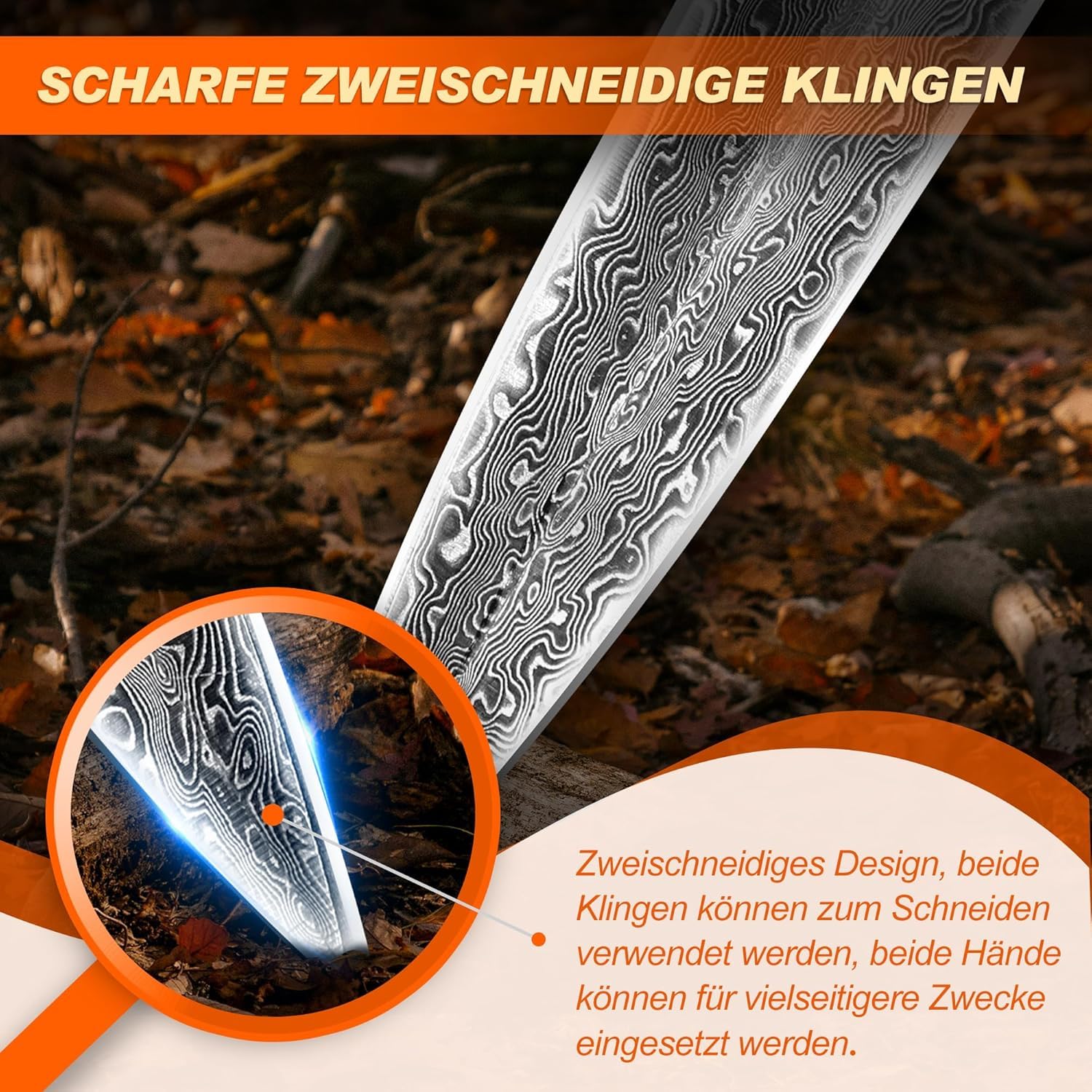 TIVOLI Damaszener Jagdmesser,Damaszener Stahl Adventure Outdoor Survival Messer, Zweischneidiges Dolchmesser, Geeignet für die Jagd, Dschungel Abenteuer, Camping, Senden Exquisite Geschenk-Box