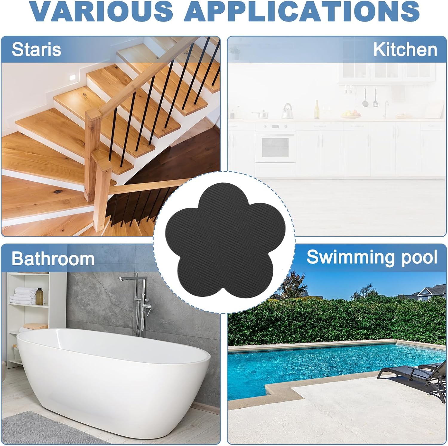 PATIKIL 12 Pcs Non Slip Bathtub Stickers, Anti Slip Shower Stickers with Scraper Bathroom Shower Floor Decals Flower Shape Cute Treads Tubs, Black