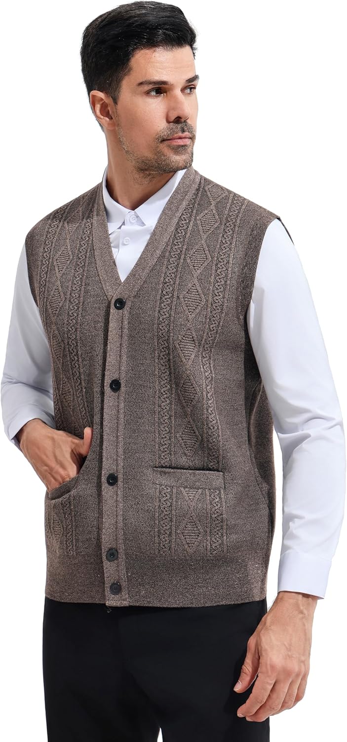 LemonGirl Mens V Neck Slim Fit Vest Sleeveless Button Casual Knitwear Sweater - Image 2