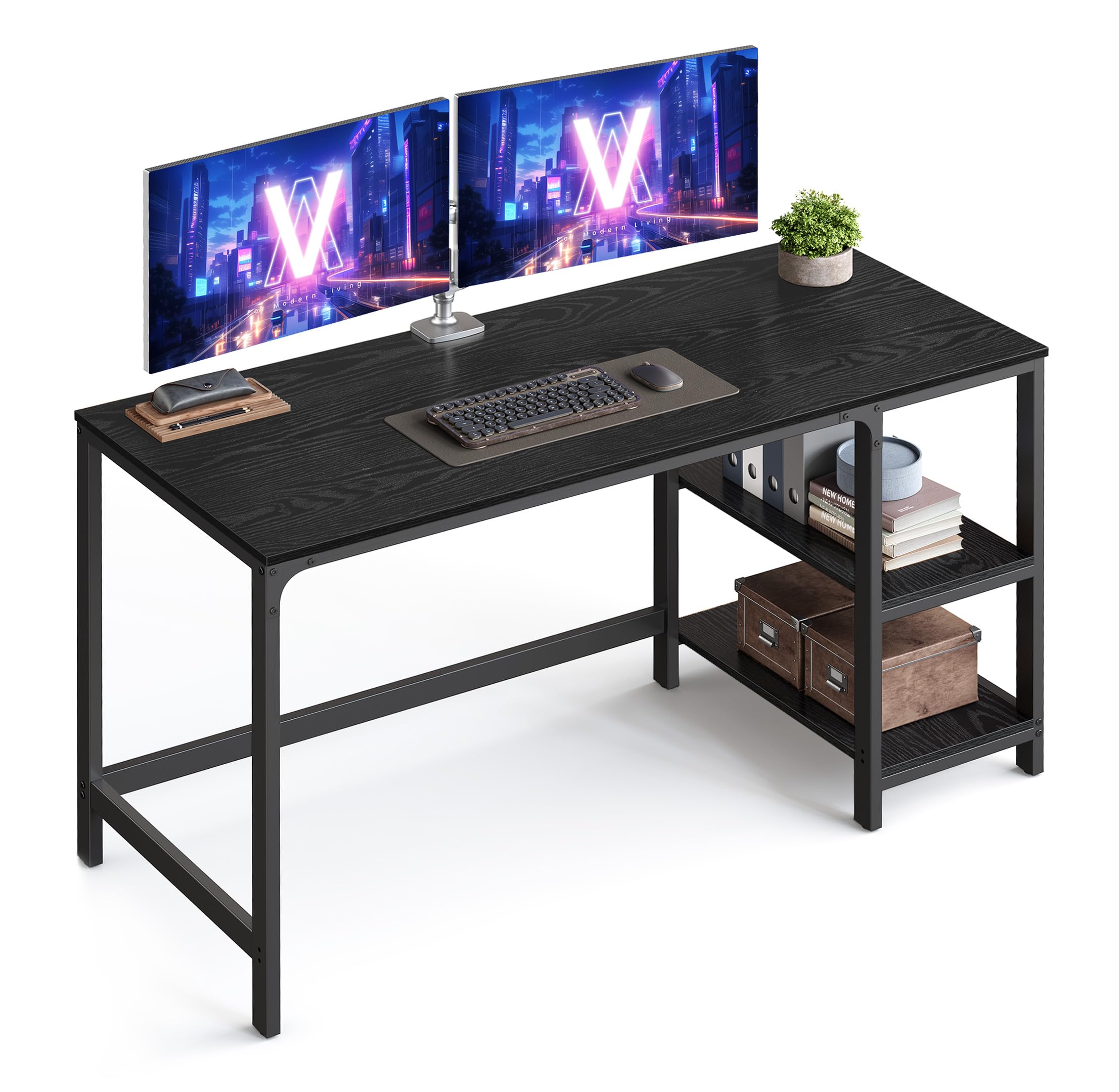 VASAGLE Escritorio, Mesa de Ordenador, con 2 Estantes a la Izquierda o a la Derecha, Acero, Oficina, Estudio, Negro Ébano MLWD055B02V2