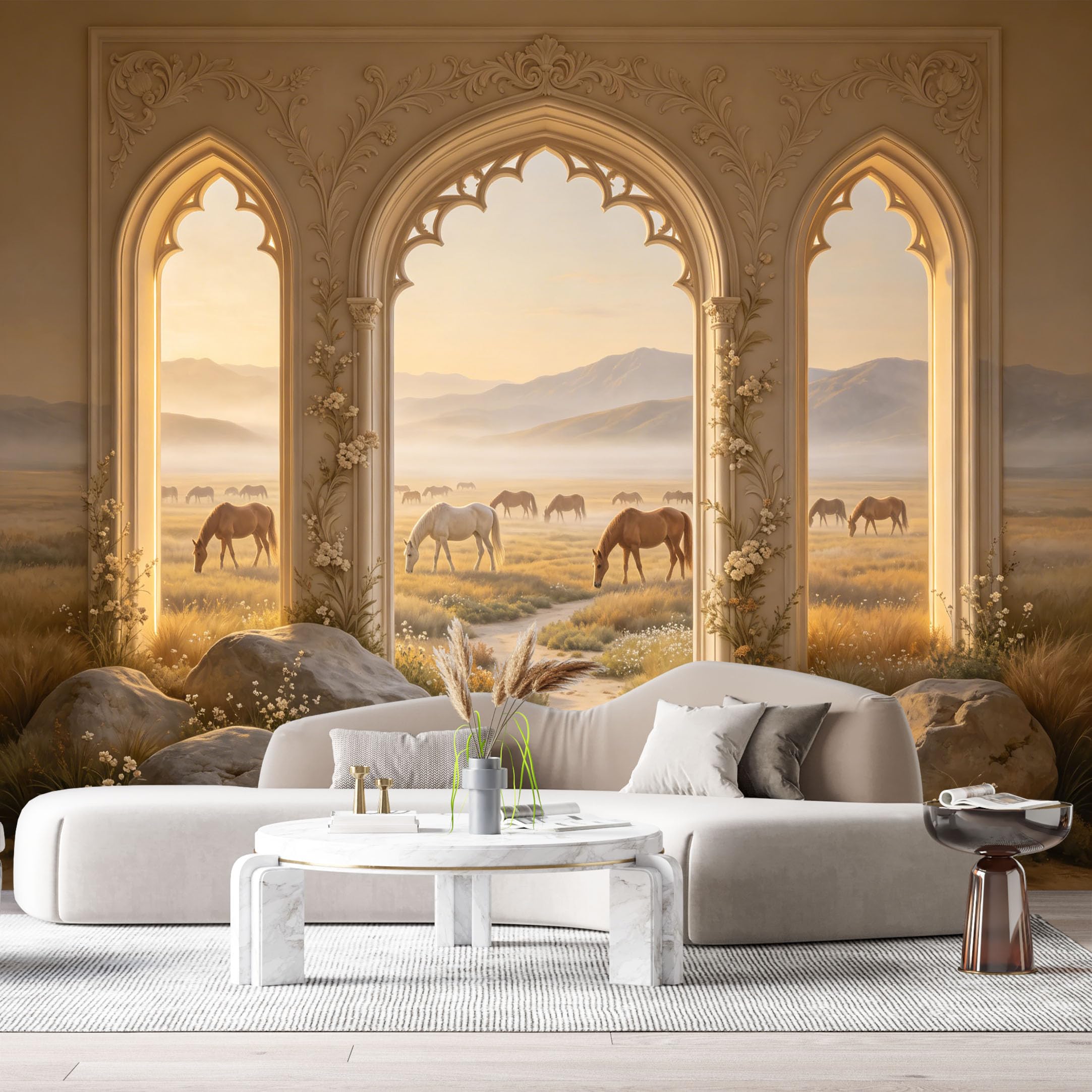 Custom Size Wall Murals Horses Valley Landscape Neoclassical Arch 3D Trompe L'Oeil SelfAdhesiveWall Fabric Removable Wallpaper Wall Decor for Living Room Bedroom Bathroom