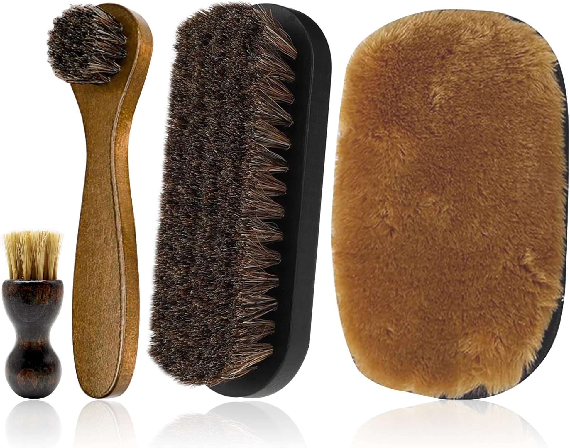 Lamondre Shoe Brush Set, Horsehair Brushes, polish brush, 3 Pcs Shoe Polish Brushes + 1 PCS Plush Polishing Glove, Ideal for Boots, Car Seats, Bags, Sofas