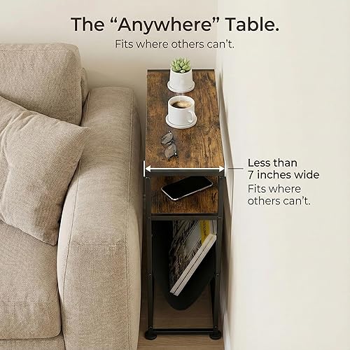 Miniatura 4 de Mesa auxiliar estrecha industrial, mesa auxiliar delgada de 7 pulgadas de ancho con soporte para revistas, mesita de noche delgada marrón rústico