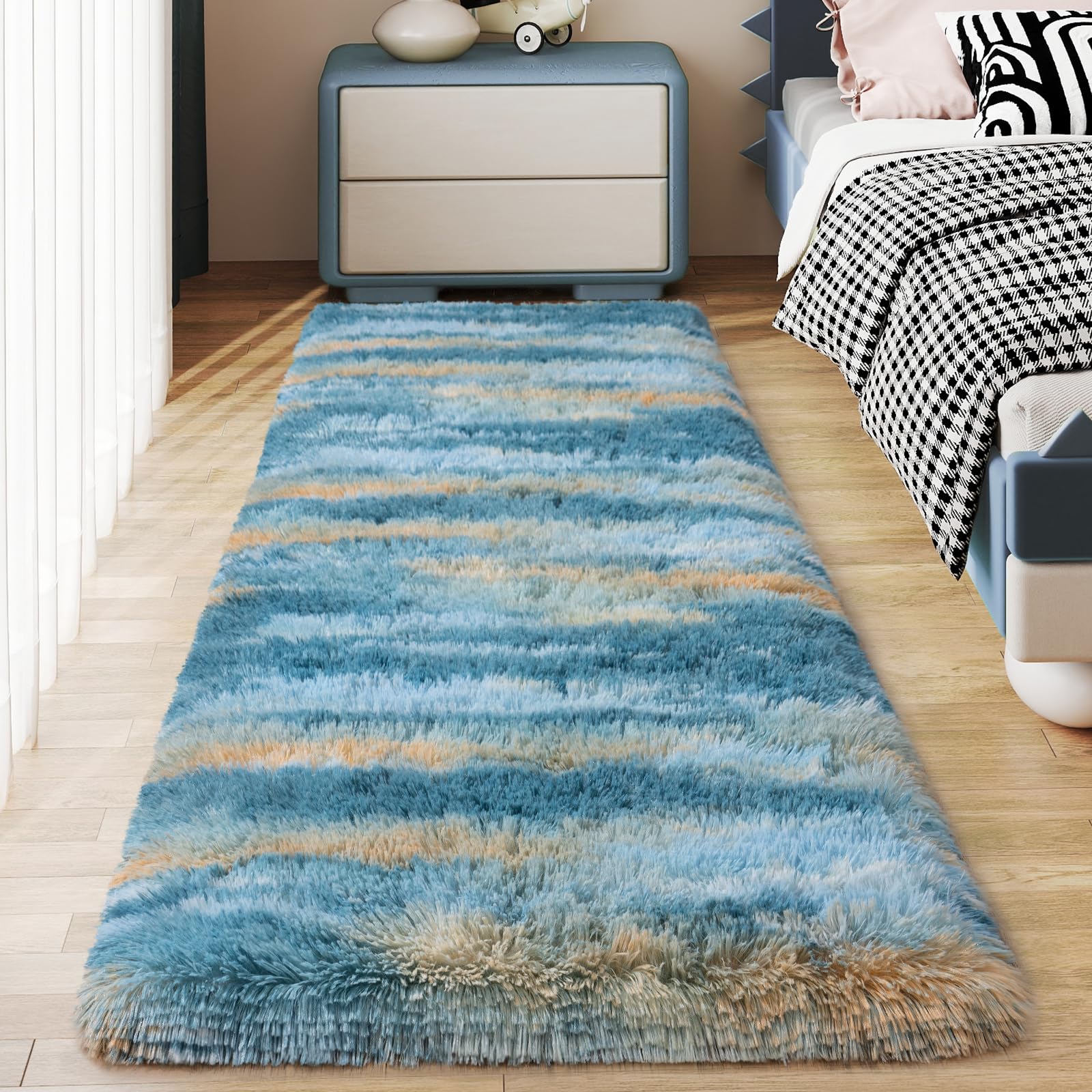 Photo 1 of Ailyei Soft Runner Rugs for Bedroom Hallways, 2x6 Abstract Blue Fluffy Shag Throw Area Rug Non Slip for Bedside Dorm, Long Shaggy Furry Carpet for Nursery Living Room