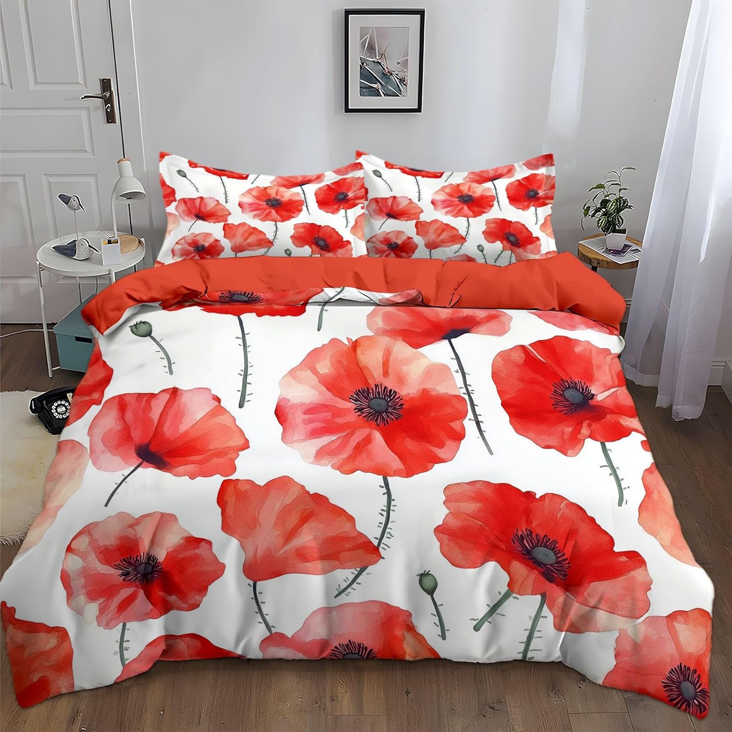3-Piece Simple Poppy Flower Comforter Sets - red Duvet Cover Set Luxury Kids Boys Bedding All-Season Down with Zipper Bedding Set for Adult Teen Queen Size Bedspread Cover