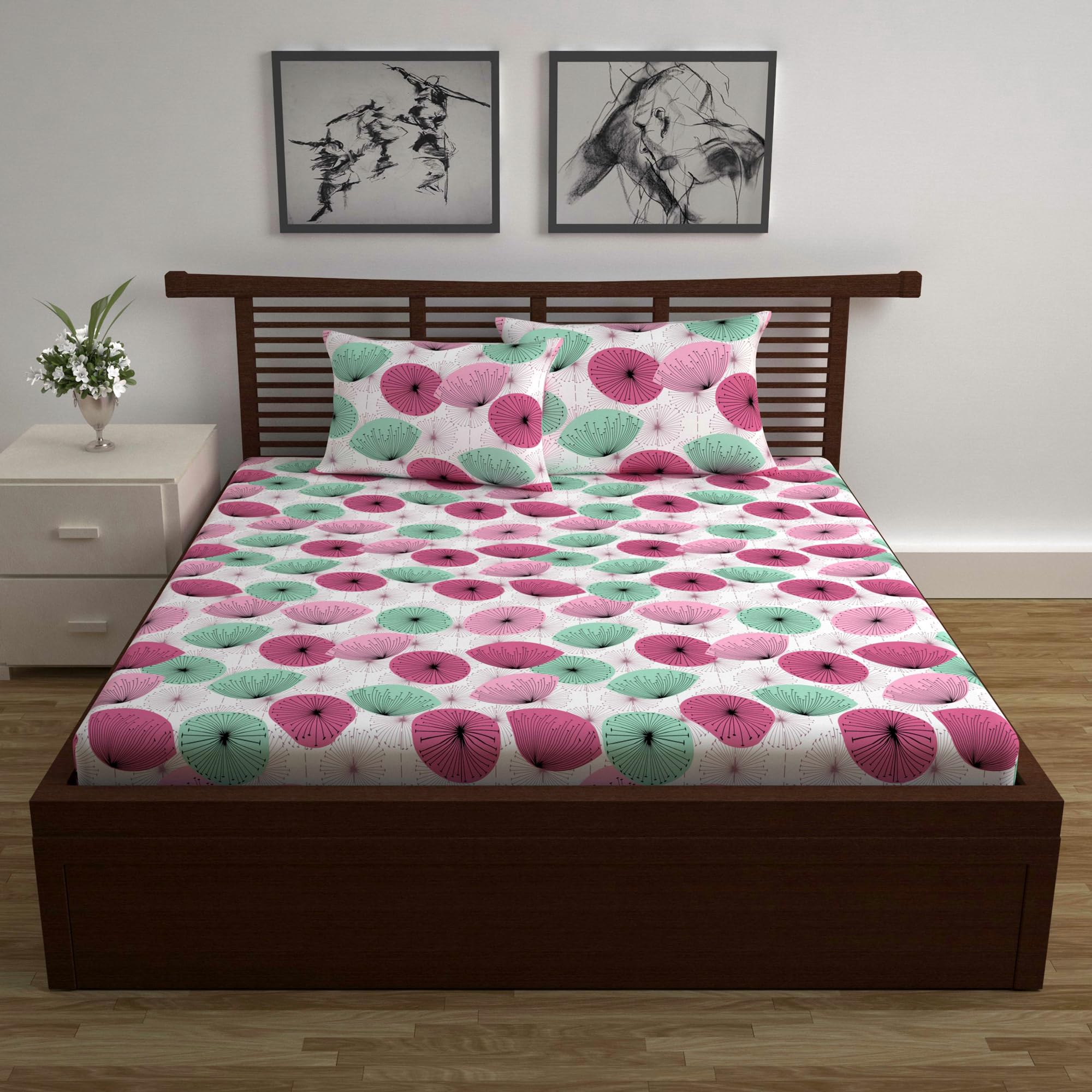 Divine Casa 144 TC 100% Cotton Double Bedsheet with 2 Pillow Covers | Soft Breathable Wrinkle Resistant Bedding Set | Modern Printed Bed Sheet for Bedroom | 222 x 254 cm (Dusty Pink, Floral)