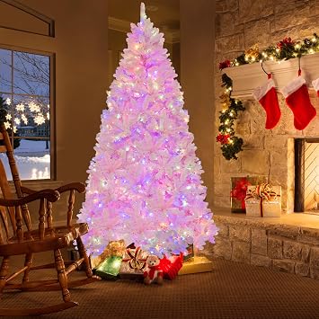 DREAMADE 7FT Pink Pre-Lit Snow-Flocked Artificial Christmas Trees with 1200 Branch Tips, 8 Lighting Modes & 500 Multi-Color LED Lights, Ideal Christmas Decoration in Office or Home Settings