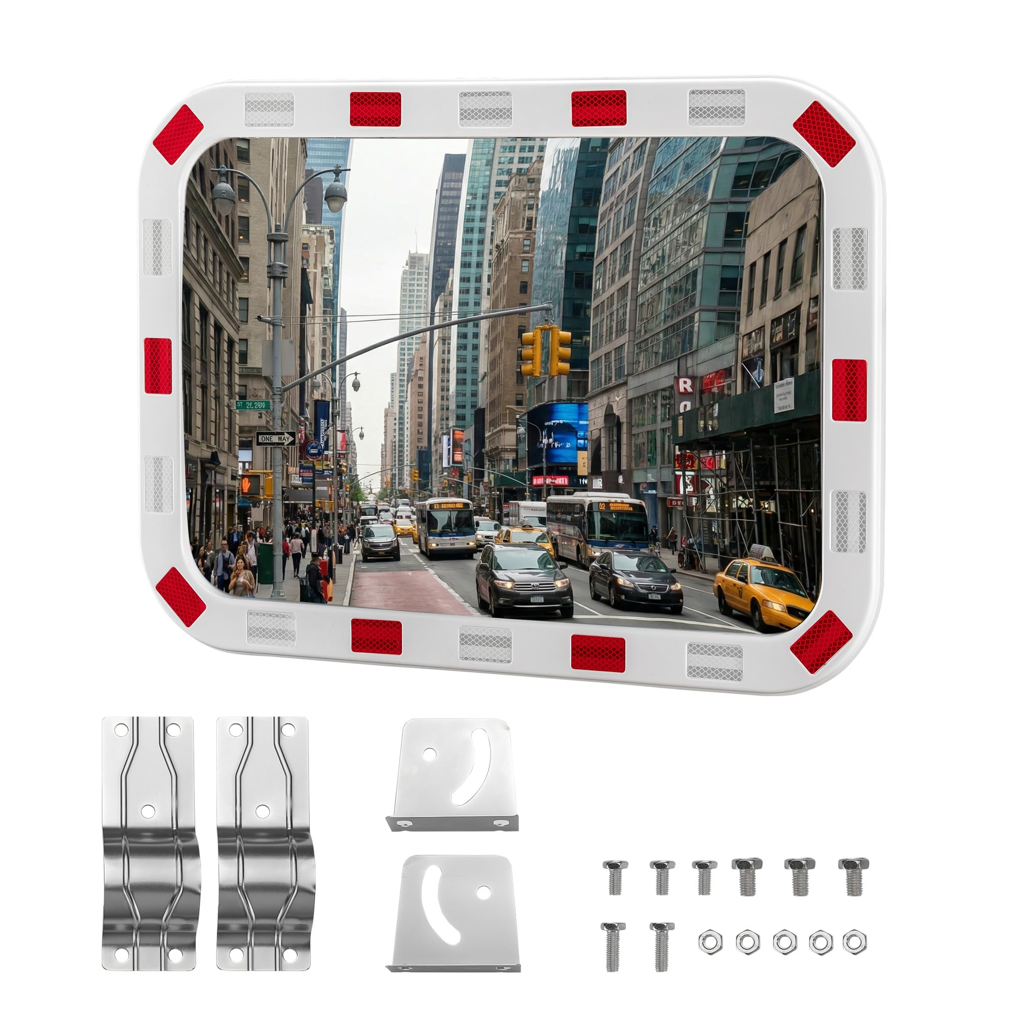 Wiltec Miroir routier convexe de circulation 50 x 70 cm Champ de vision de 130°-130° Bandes réfléchissantes Blanc-rouge Sécurité routière Outdoor Indoor Polycarbonate solide Surveillance Rue Magasin