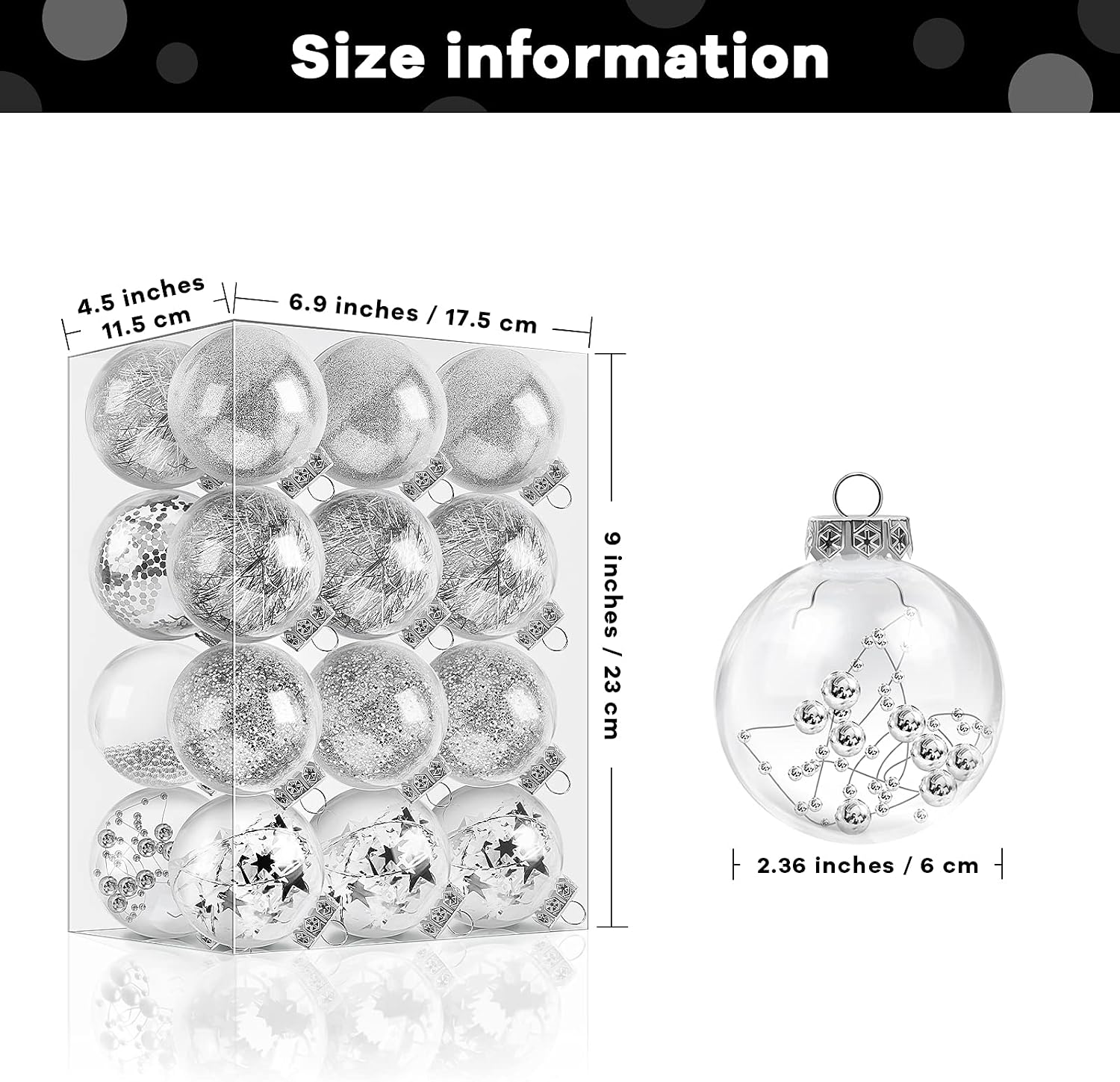 MCEAST 24 Pieces 2.36 Inches Plastic Christmas Balls 8 Designs Shatterproof Decorative Balls Baubles Christmas Hanging Ornaments with Stuffed Delicate Decorations, Silver