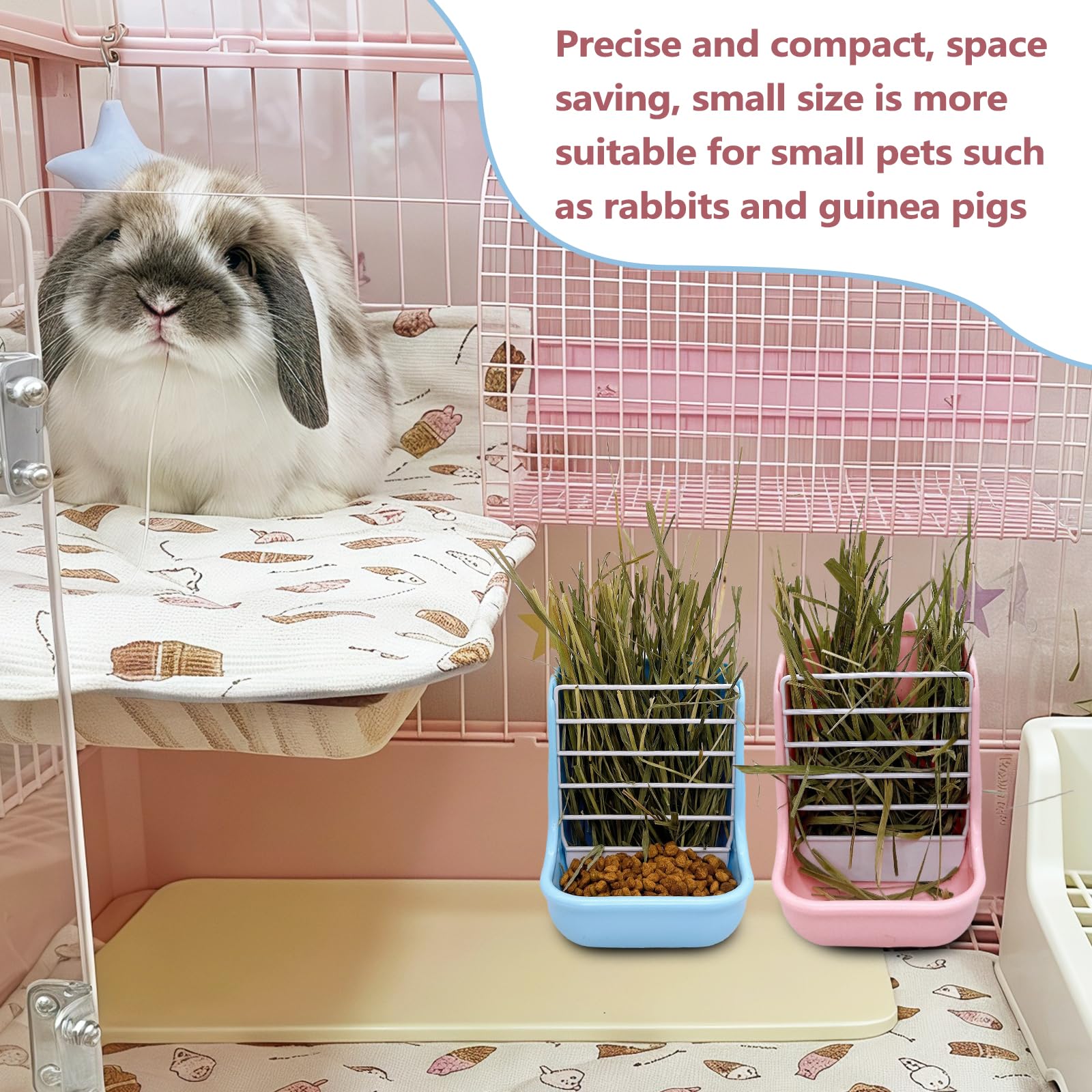 Hamiledyi 2PCS Rabbit Hay Feeders Rack 2 in 1 Feeder Bowls Double Bunny Feed Holder Grass Food Supplies for Chinchillas Guinea Pig Hamsters (Pink+Blue) - image 3