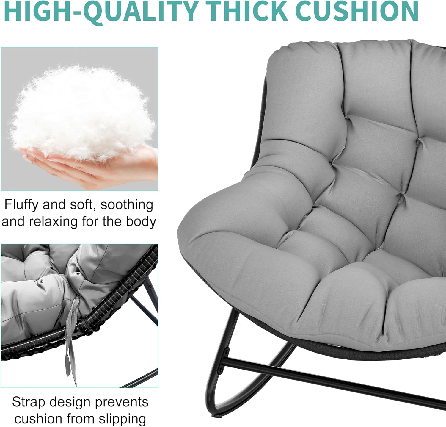 Fancyango Oversized Egg Rocking Chair for Indoor/Outdoor – All-Weather Wicker Rattan Lounge Chair with Cushion, Patio Rocker for Porch, Garden, or Balcony (Grey, 37.8" D x 36.6" W x 33" H)