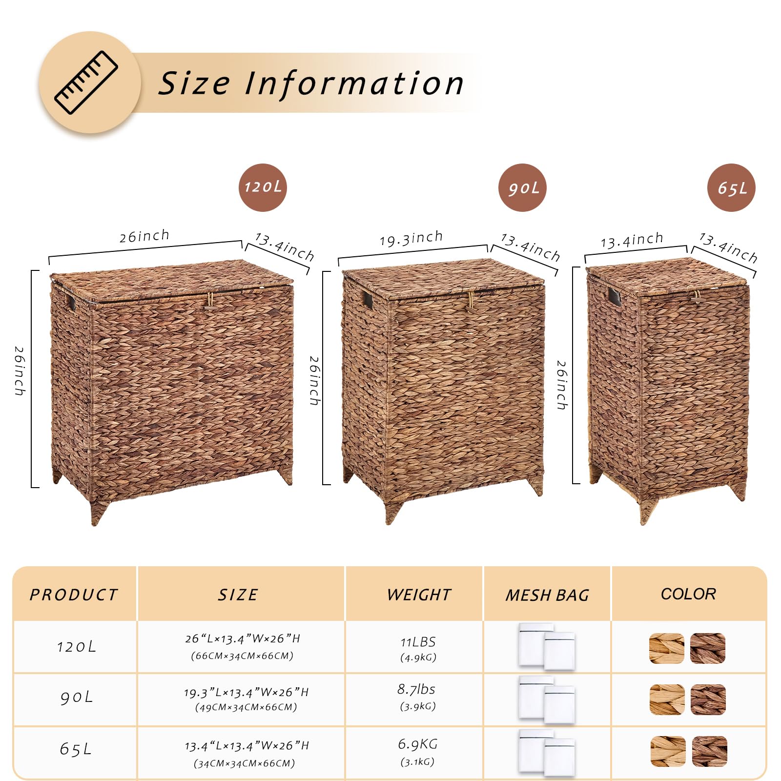 LGENHOOM Handwoven Laundry Hamper with Lid, Natural Hyacinth Heightened Feet Laundry Basket, Wicker Clothes Hamper with Removable Liner Bag for Clothes and Towels