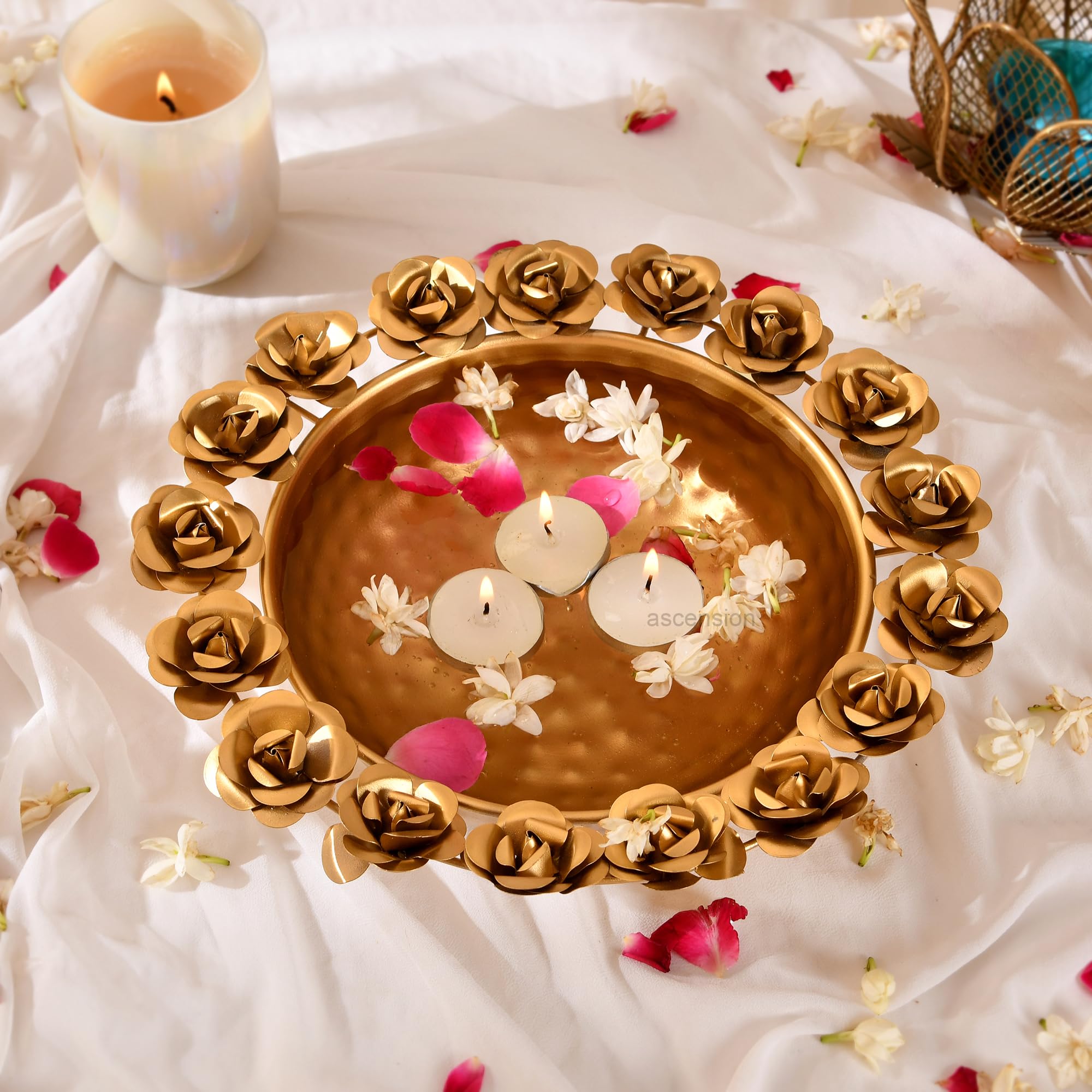 ascension Flower Decorative Urli Bowl for Home Decor with Rose Design for Floating Flowers and Tealight Candles Home Table | Diwali Decoration Items for Pooja Room