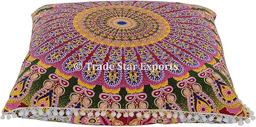 Miniatura 3 de Funda de cojín de piso de algodón. 26 pulgadas, con encaje de borlas decorativo y diseño de mandala.