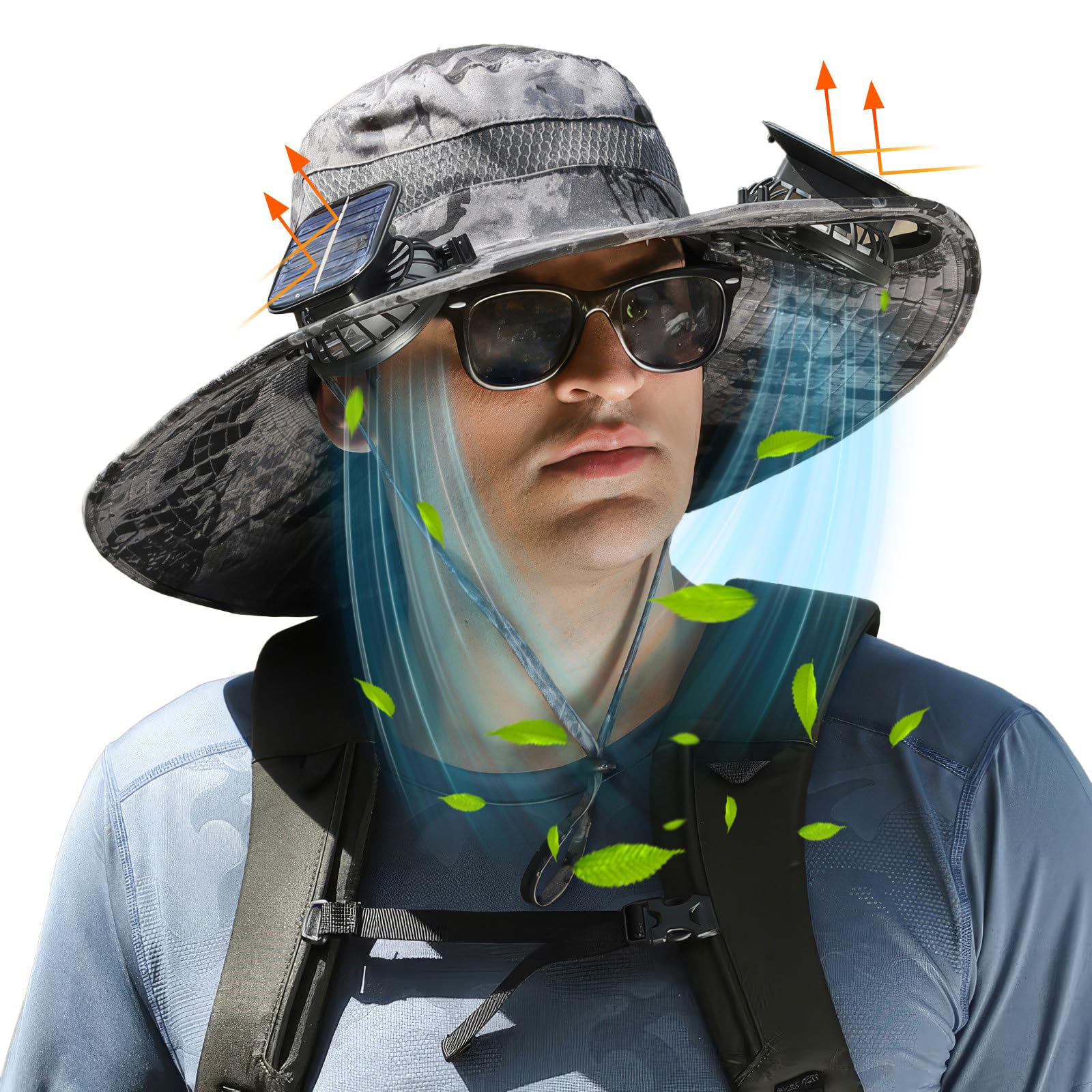 pewjury Wide Brim Solar Fan Outdoor Fishing Hat, Solar & USB Powered, Summer UV Protection Outdoor Fishing Hats UPF 50