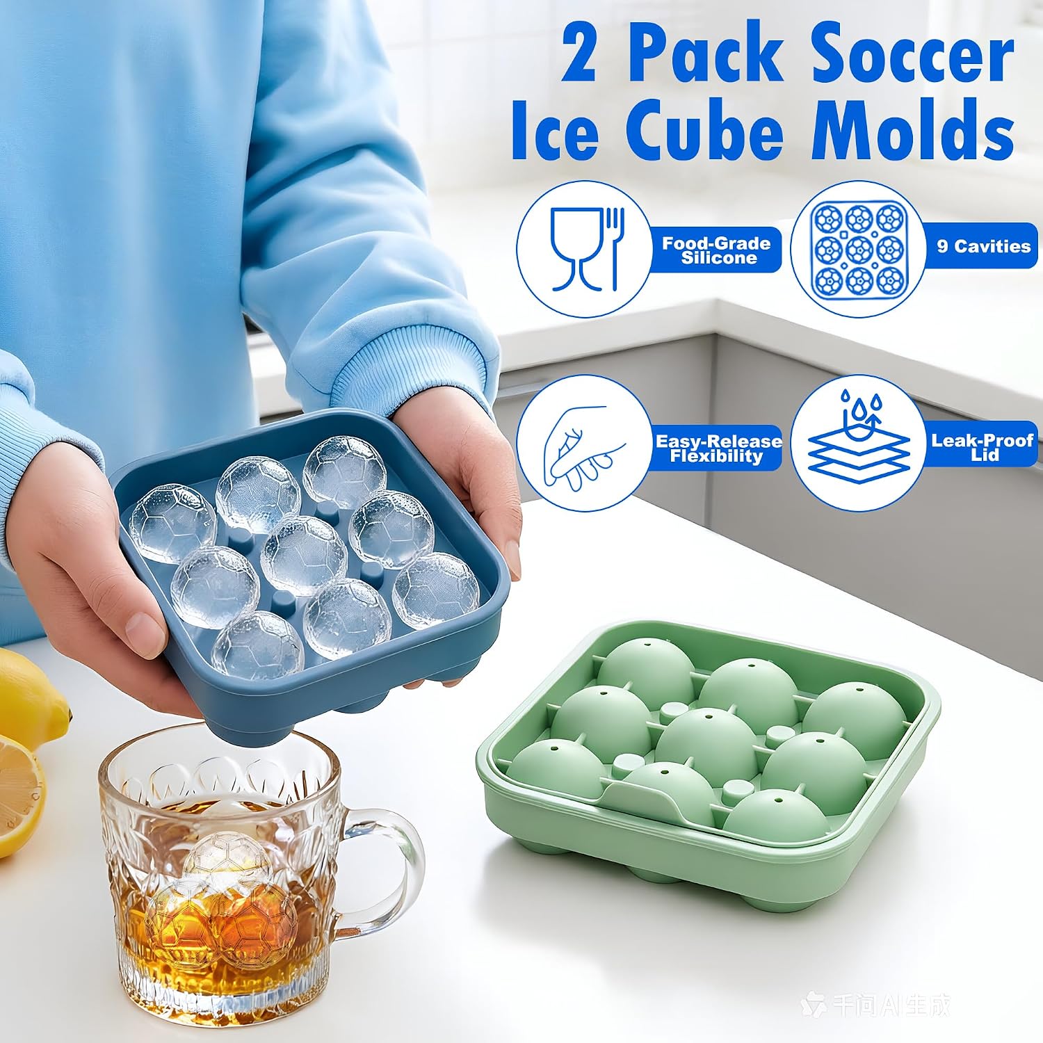 Soccer Ice Cube Tray | 2 Pack Silicone Soccer Ball Ice Mold with 9-Cavities
