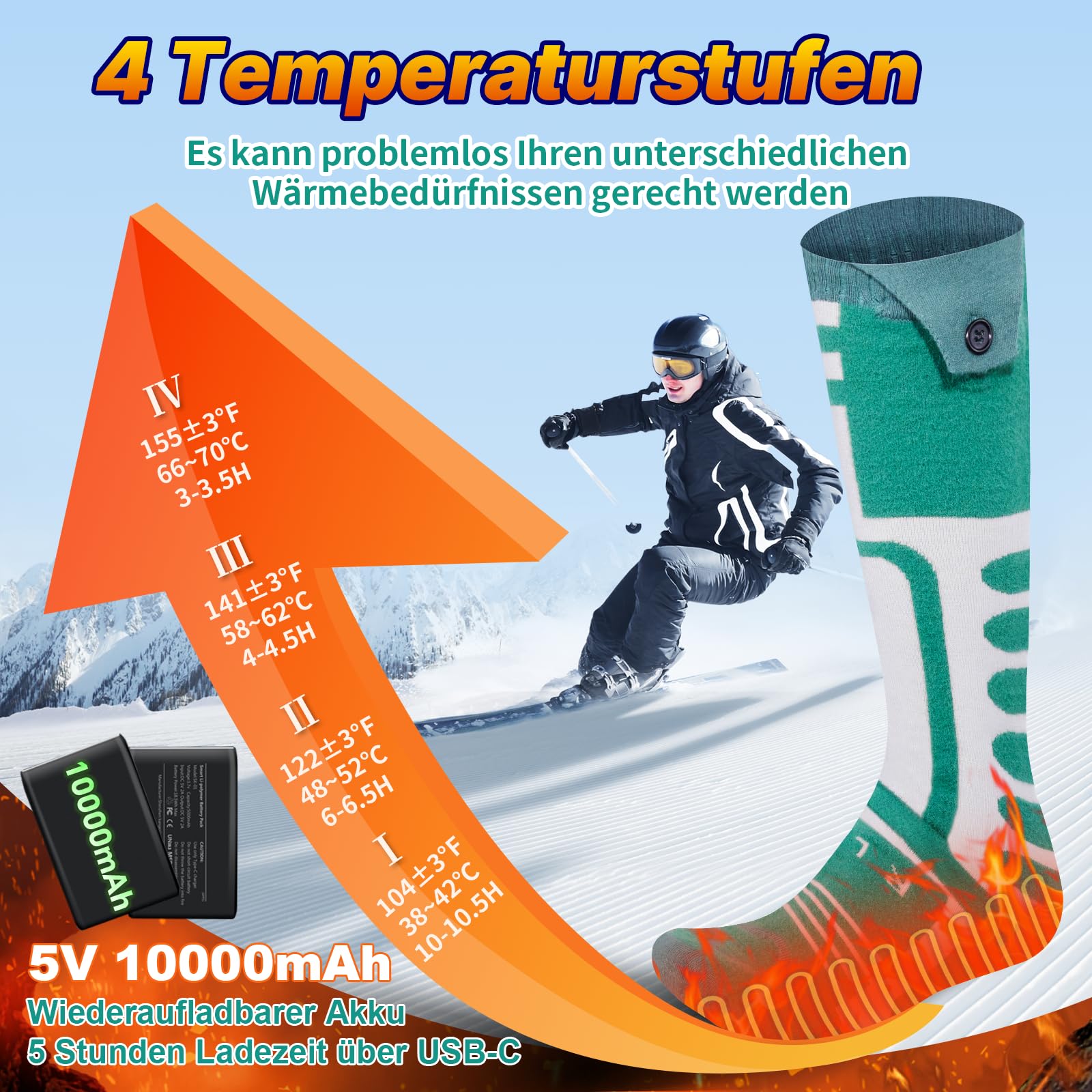 Beheizbare Socken mit Akku 5V 10000mAh Wiederaufladbare Steuerbar über App Elektrisch Heizsocken für Damen Herren, Fußwärmer Unisex Beheizte Socken für Skifahren/Radfahren/Angeln/Jagd/Camping (XL)