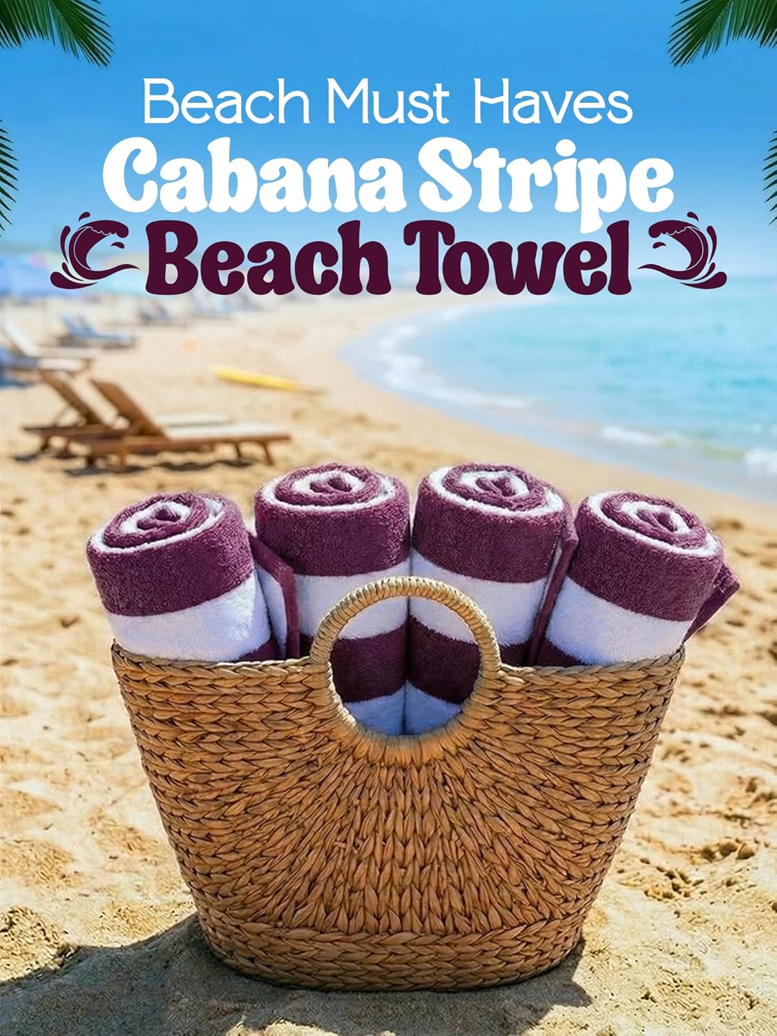 Utopia Towels Pack of 4 Cabana Beach Towels, Oversized 30 x 60 Inches Cotton Beach Towel Set, Smooth Ring Spun Texture for Pool and Swim Days, Modern Striped Design Bath Towels, Plum