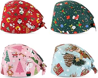 4 Pcs Christmas Working Cap Button and Sweatband Printed Bouffant Hats Adjustable Scrub Hats for Women Men Xmas Holiday, 4 Styles