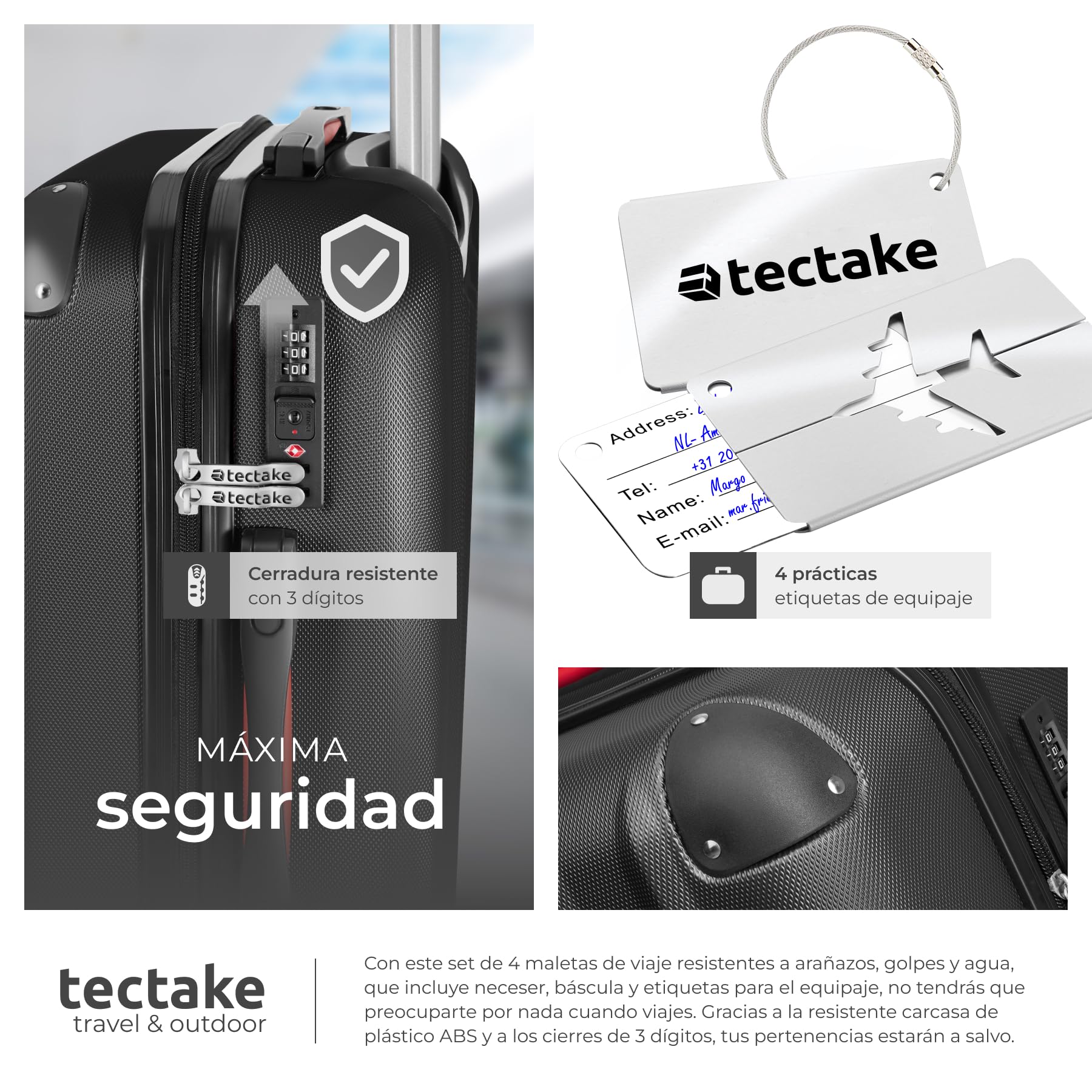 tectake® Juego de 4 Maletas Rígidas con Báscula y Etiquetas de Equipaje, 3 Trolleys y 1 Neceser, Set de Maletas de Viaje con Ruedas de 360º, Cerradura de Combinación, Apilables Entre sí - Negro