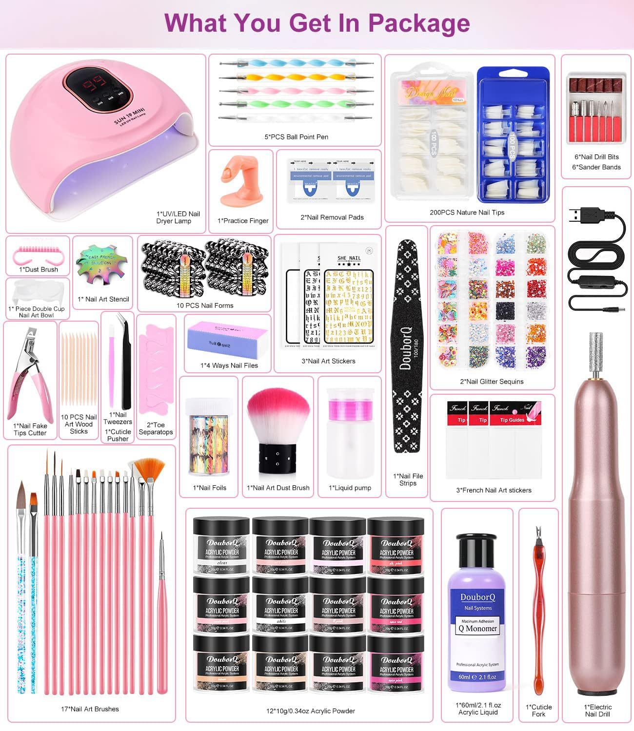 Juego de salón de uñas, polvo acrílico con líquido acrílico de 60 ml, fresa de uñas para gel con lámpara UV, set de decoración, regalo para mujeres