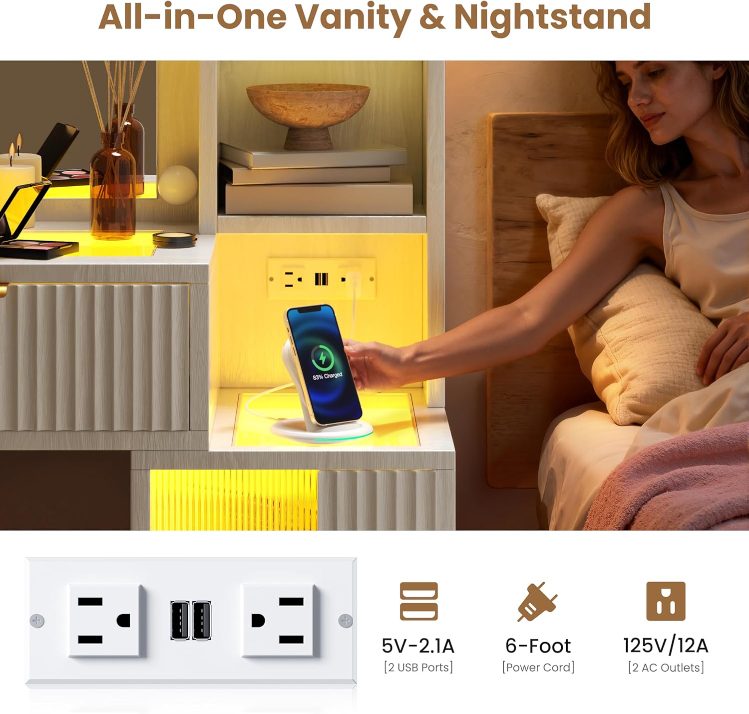 Charging station with USB and AC outlets on the vanity desk