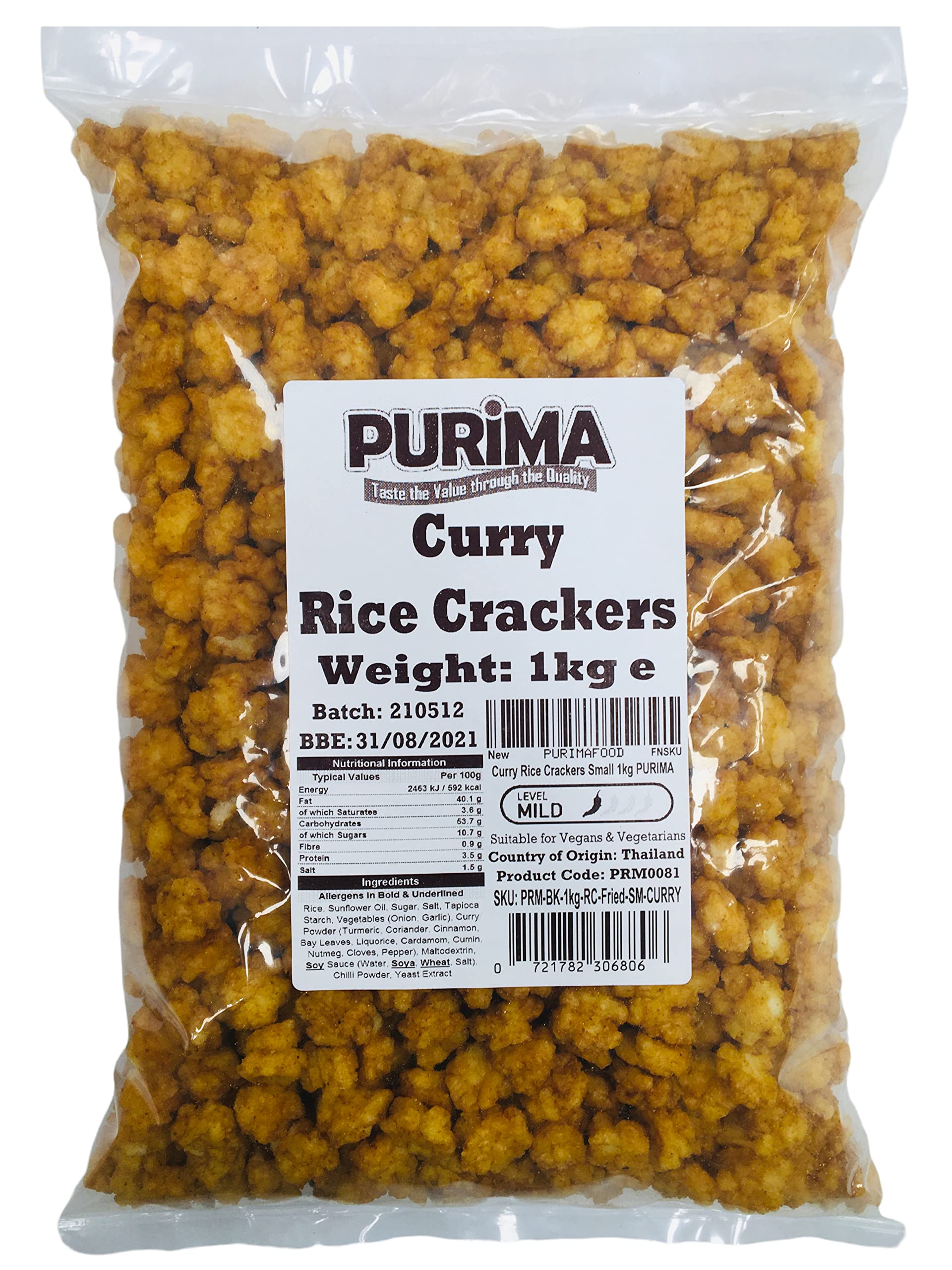 Curry Rice Crackers 1kg – Crunchy Crispy Sweet & Mild Curry Flavour - Ready to Eat – Fried Thai Rice Cracker Snack – Large Bulk Bag Snacks – Mini Bite Sized Senbei Bites - Vegan - PURIMA