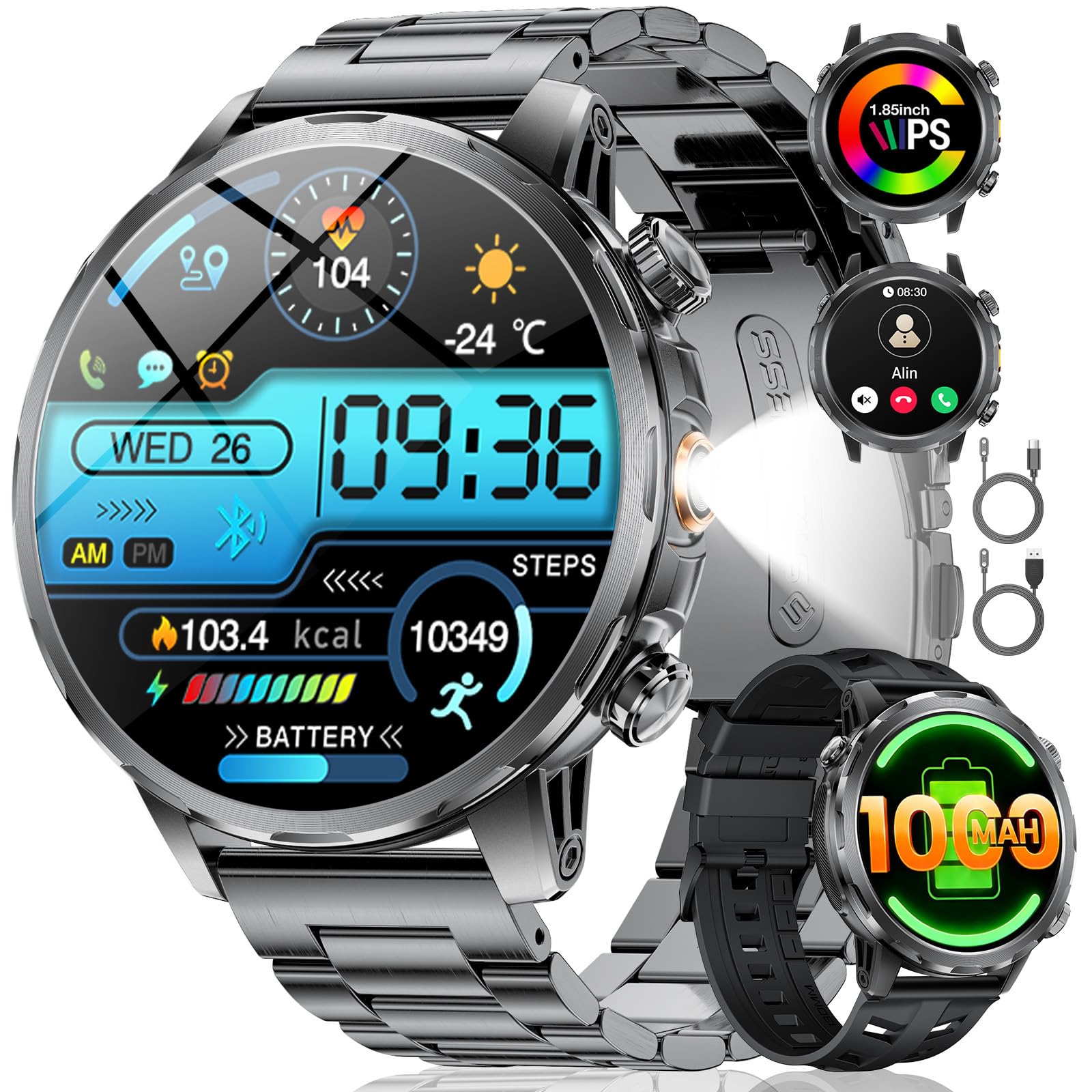 LIGE Smartwatch Uomo con Torcia LED/1000mAh, 1.85'' Orologio Smart Watch con Chiamata Bluetooth, IP68 Impermeabile 110+ modalità Sportive Cardiofrequenzimetro SpO2 e Sonno per iOS Android