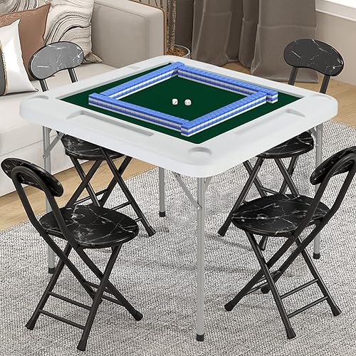 PEXMOR Mesa Mahjong plegable de 35 pulgadas mesa de juego de cartas de dominó de póquer portátil 4 jugadores con portavasos y ranuras para chips