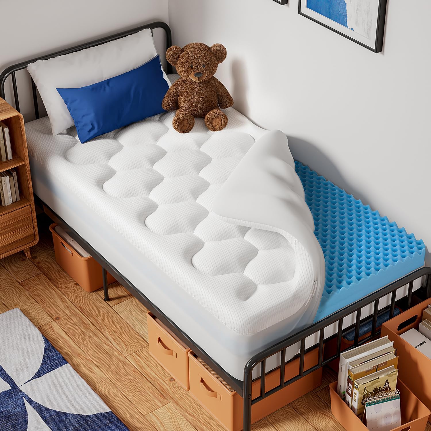 OhGeni Cooling 5 Inch Twin XL Dual Layer Mattress Topper, 3 Inch Egg Crate Gel Memory Foam, 2 Inch Pillow Top Pad, College Dorm Essentials Bedroom Mattresses Cover, Sleep Comfort and Back Pain Relief-image-26