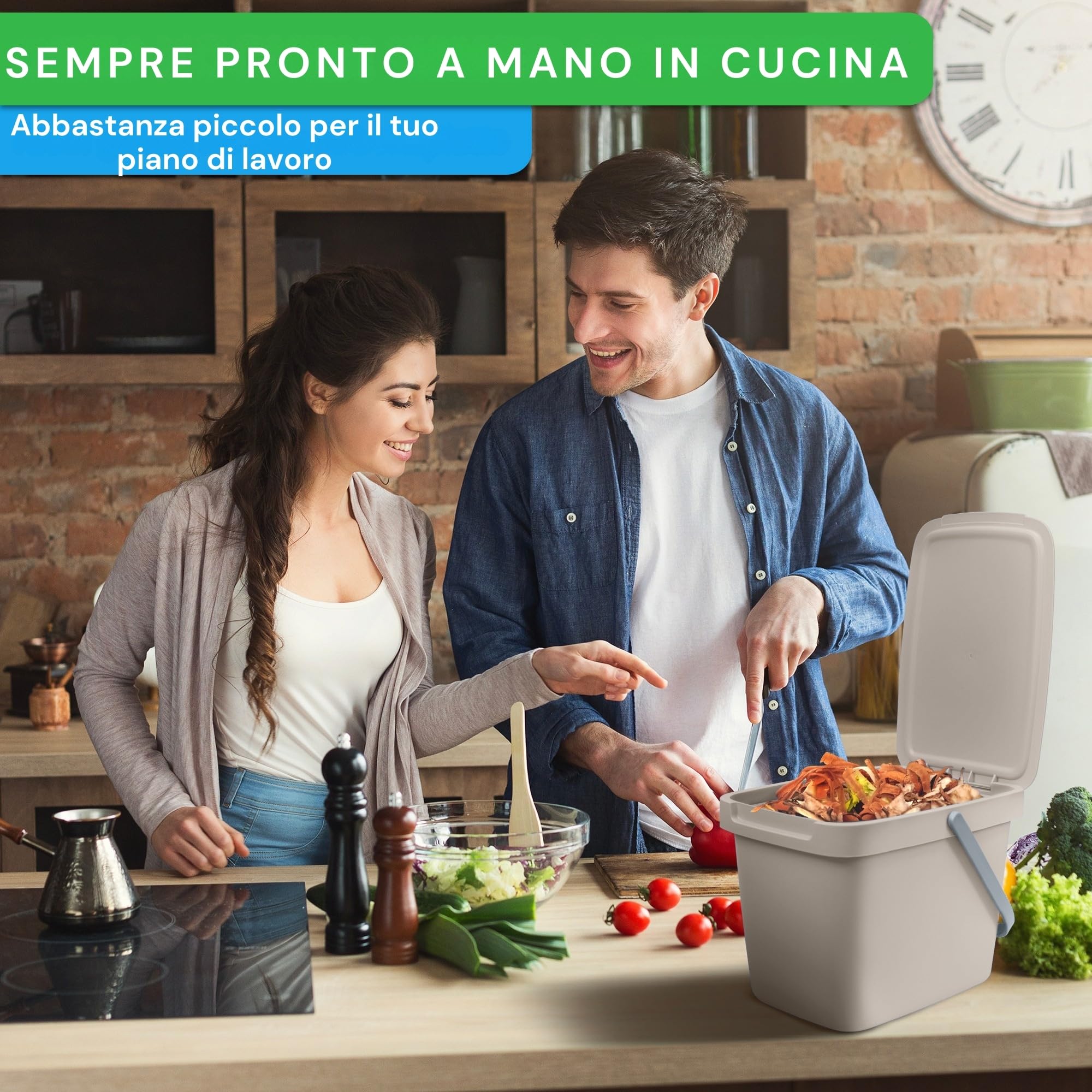YourCasa® Pattumiera biologica da cucina – 6 l secchio per compost da cucina per tutti i giorni, contenitore per rifiuti biologici – con coperchio e gancio a parete – Pattumiera biologica piccola –