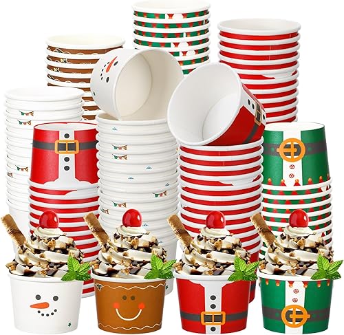 300 vasos de papel de Navidad de 8 onzas, cuencos de papel desechables para helado, vasos de papel de Papá Noel para alimentos fríos y calientes,