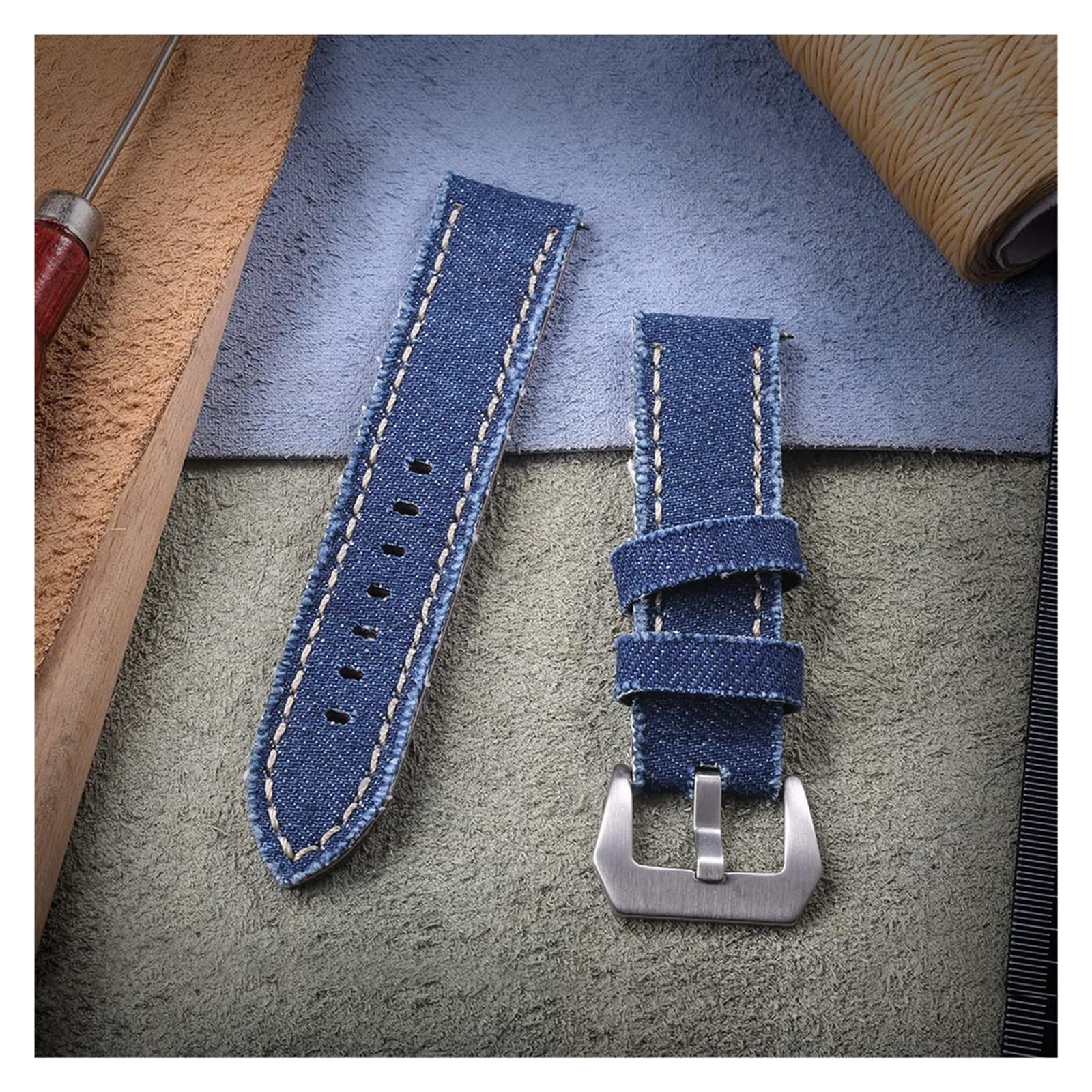 Canvas Watch Bands Release Quick Denim Blue Due pezzi Orologi cinturini Matt Acciaio Fibbia 20mm 22mm 24mm(Khaki,24mm)