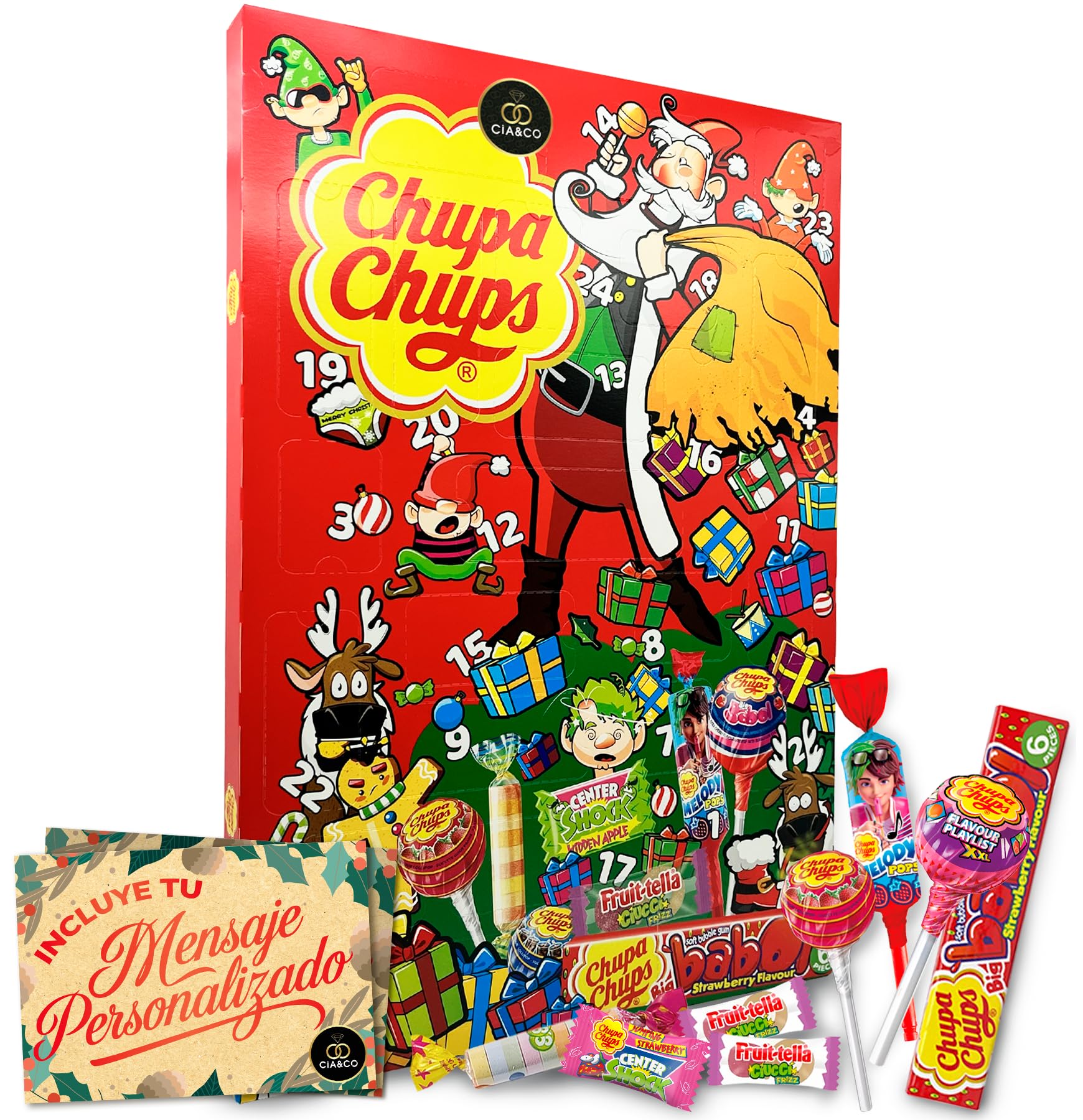Calendario de Adviento Chupa Chups 2025 · 24 Dulces Divertidos con Sabores Clásicos · Incluye Tarjeta Personalizada Cia&Co · Regalo Original de Navidad para Niños y Familia · 210 grs