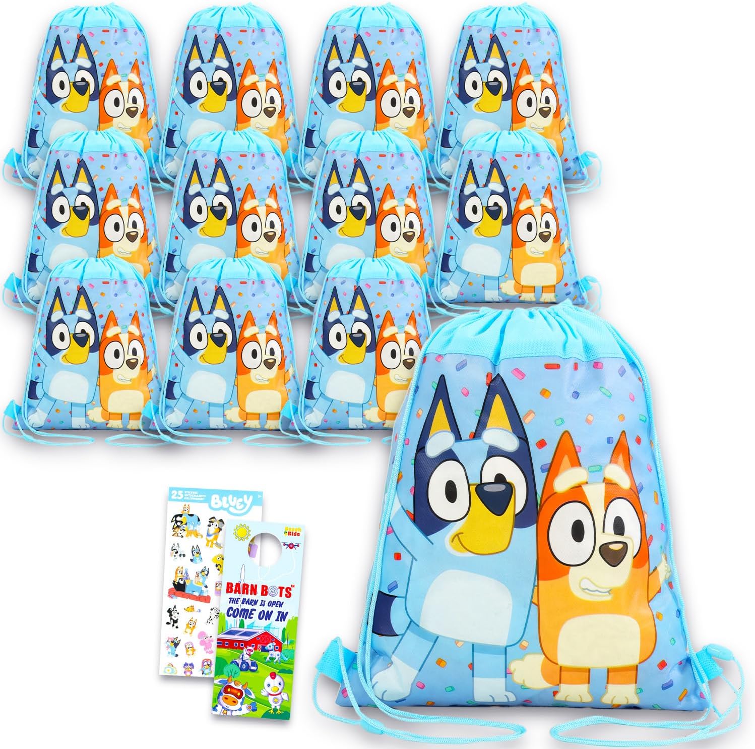 Bluey Party Favor Bags Set - Bundle with 12 Bingo Drawstring Bags for Kid and Stickers | Bluey Birthday Party Supplies