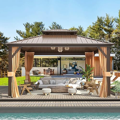 Miniatura 8 de MELLCOM - Kiosco de techo rígido de aluminio con doble techo de metal con cortina y red, pabellón de acero galvanizado permanente para patio, césped