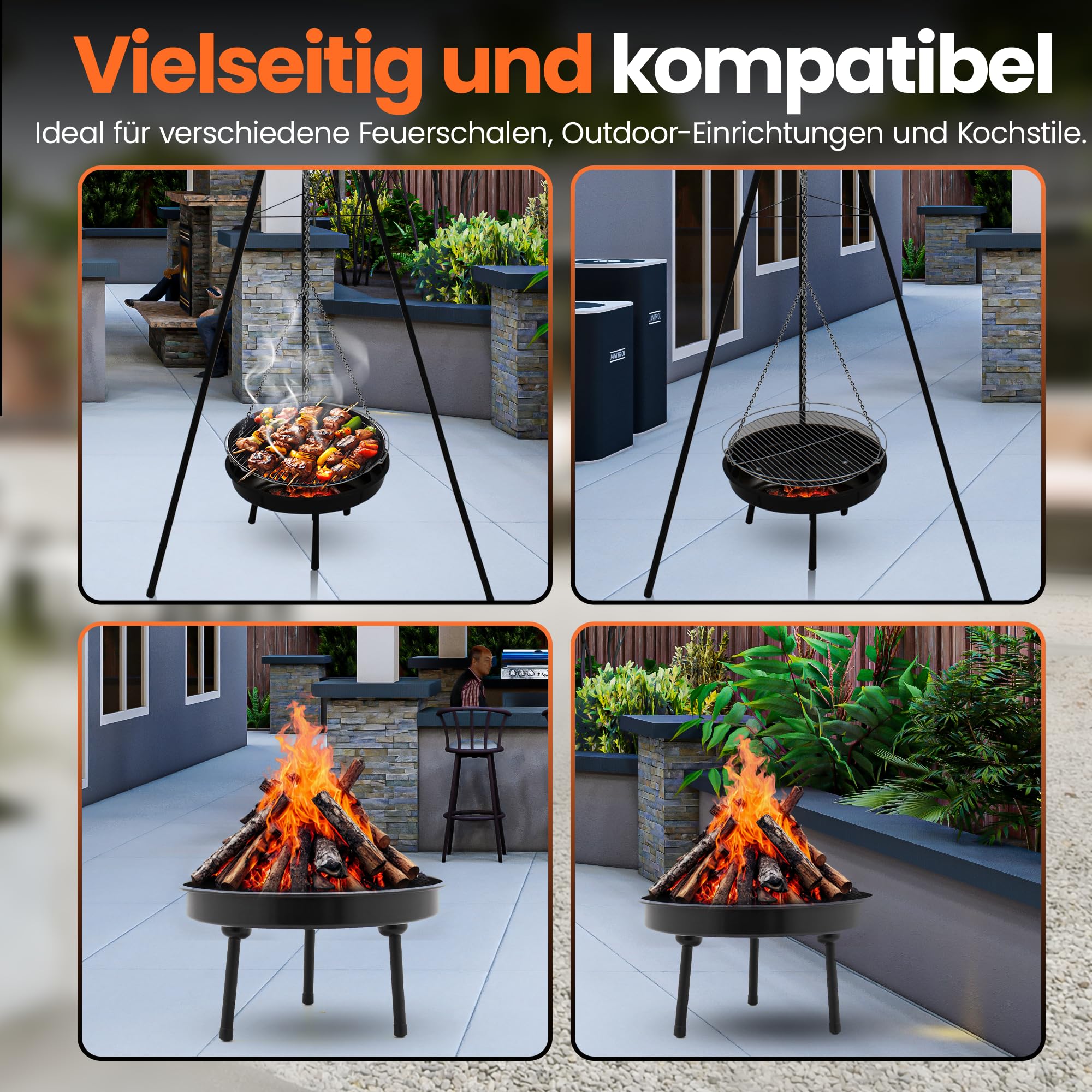 BBQ Multi-Grill Schwenkgrill, Tripod Set,160 cm,Dreibein mit Feuerschale,Grillrost,Räucherplanken & Topf, Höhenverstellbar, Outdoor Grillen, Kochen im Garten schwarz